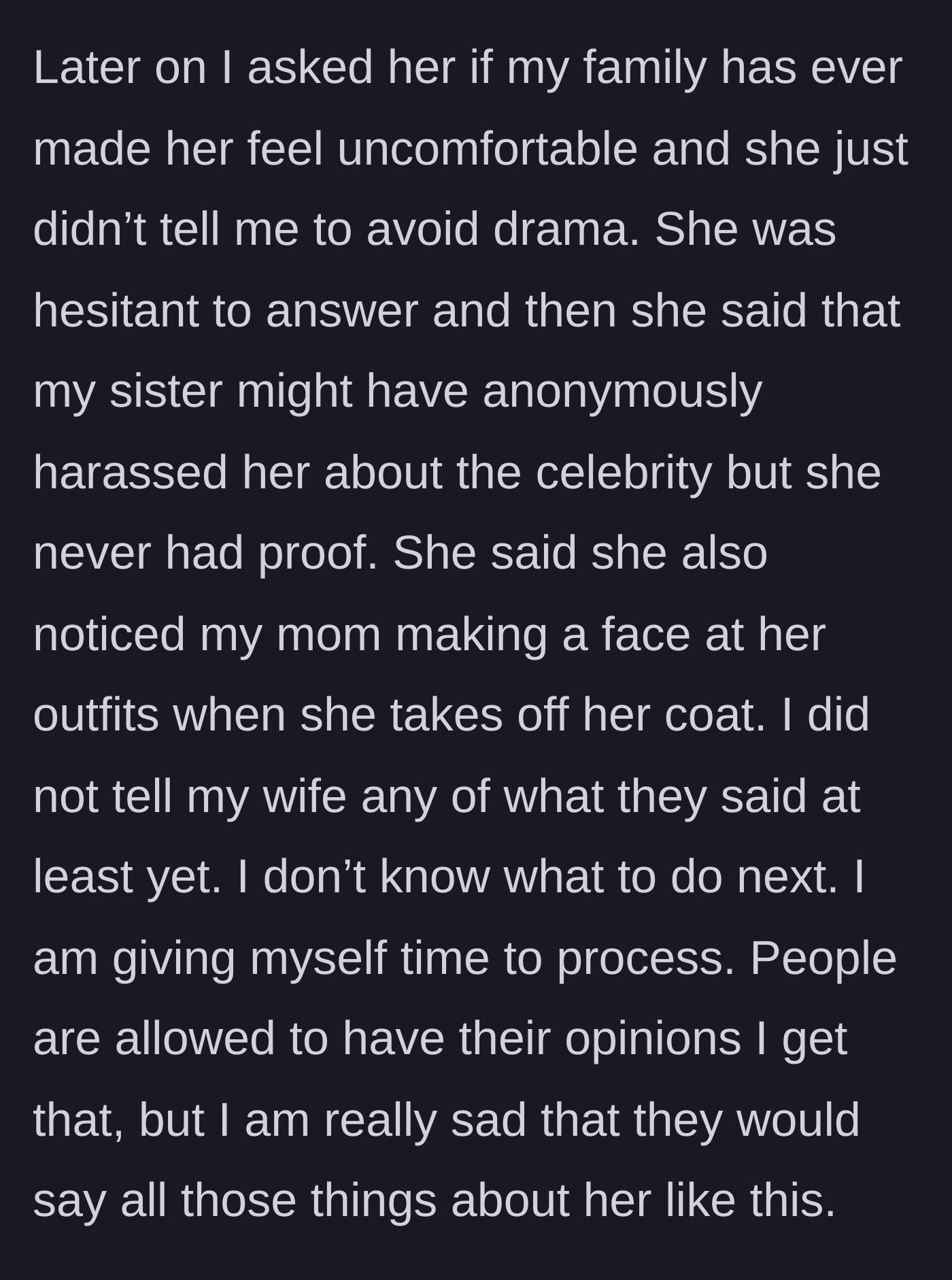 Story part 5 - The husband gently checks in with his wife, who admits to subtle toxicity from his sister and mother.