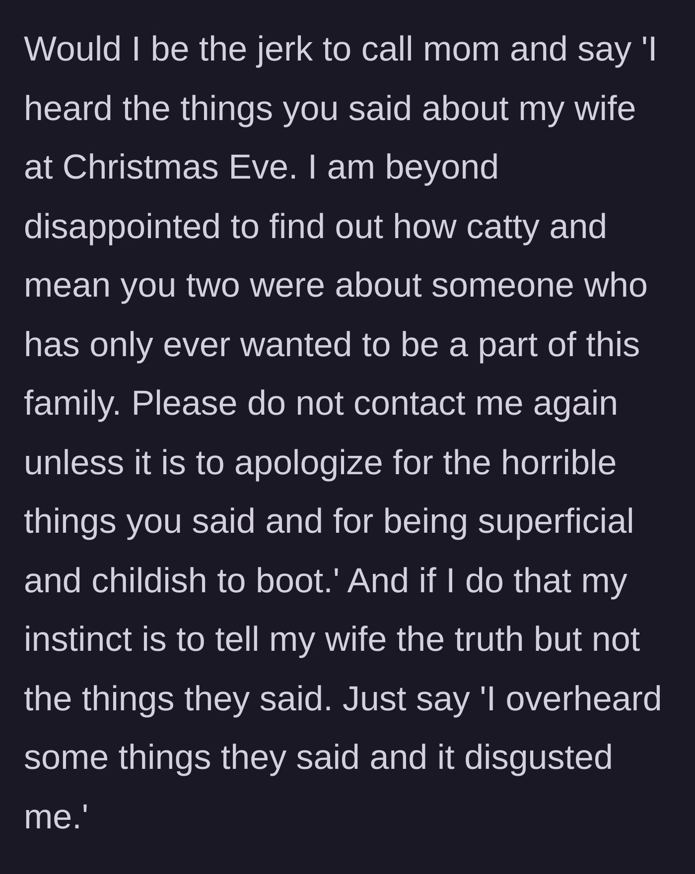 Story part 6 - The husband prepares a firm message setting boundaries with his family to protect his wife and marriage.