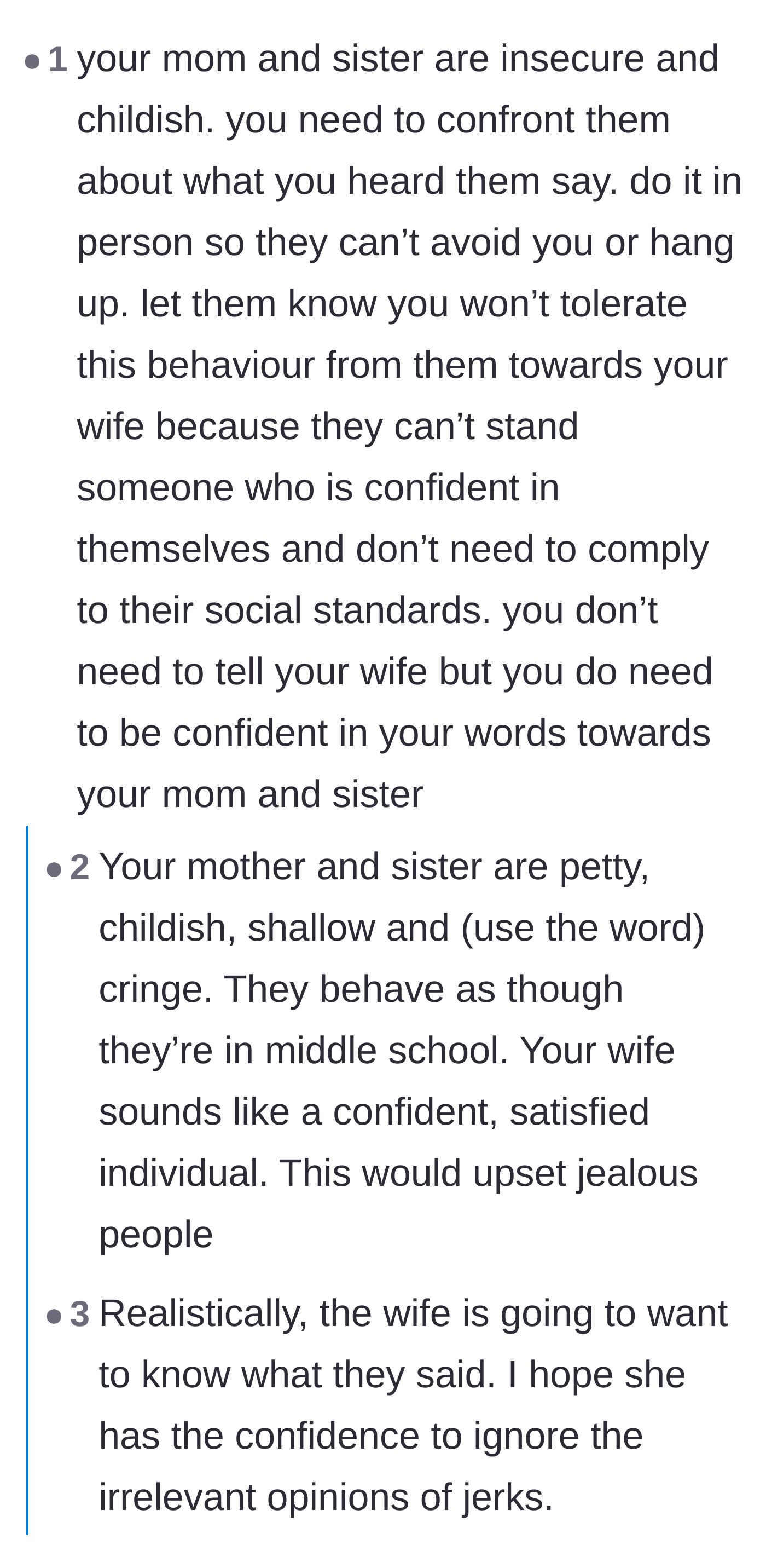 Comment thread 1 - Advice on confronting the toxic family members and protecting the wife from the exact hurtful words