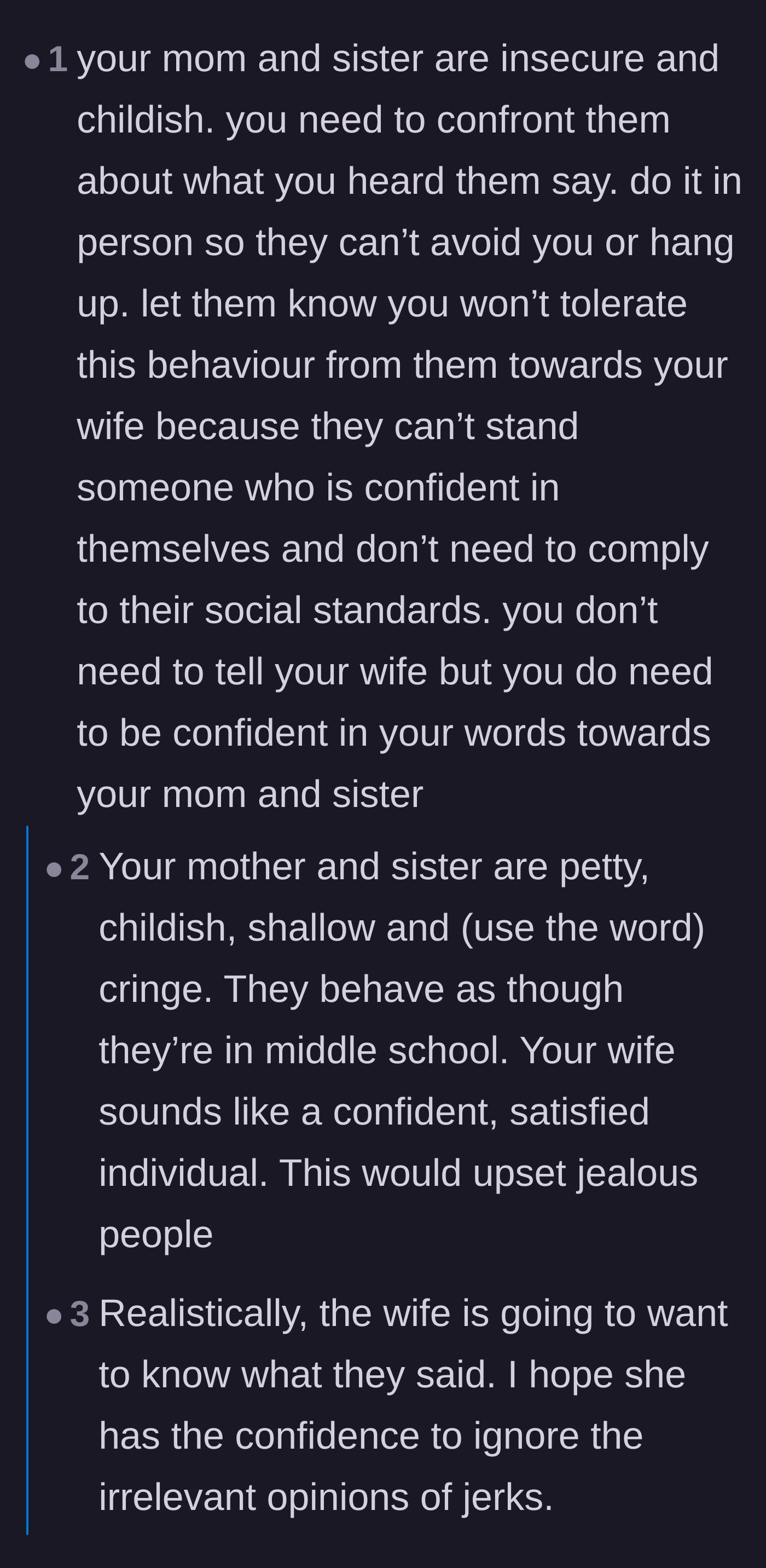 Comment thread 1 - Advice on confronting the toxic family members and protecting the wife from the exact hurtful words