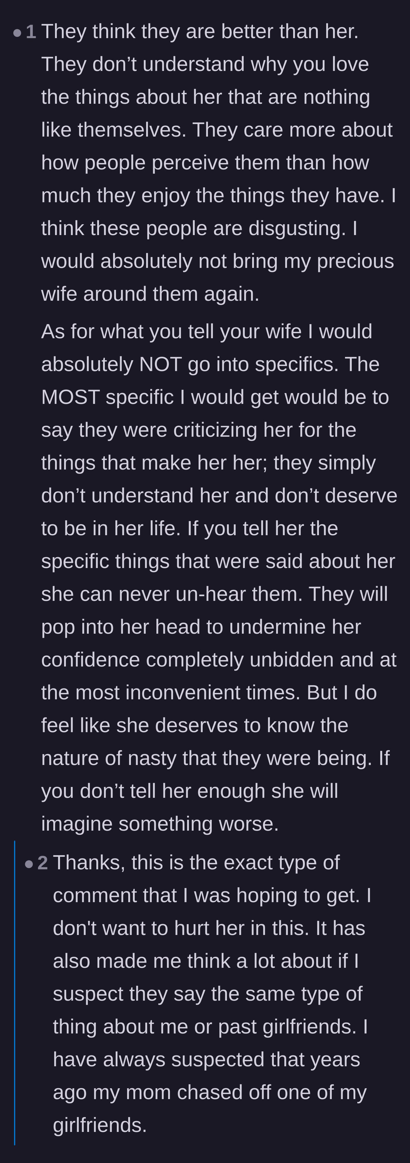 Comment thread 2 - A deep dive into the mother and sister's insecurities and why they are threatened by the wife's authentic joy