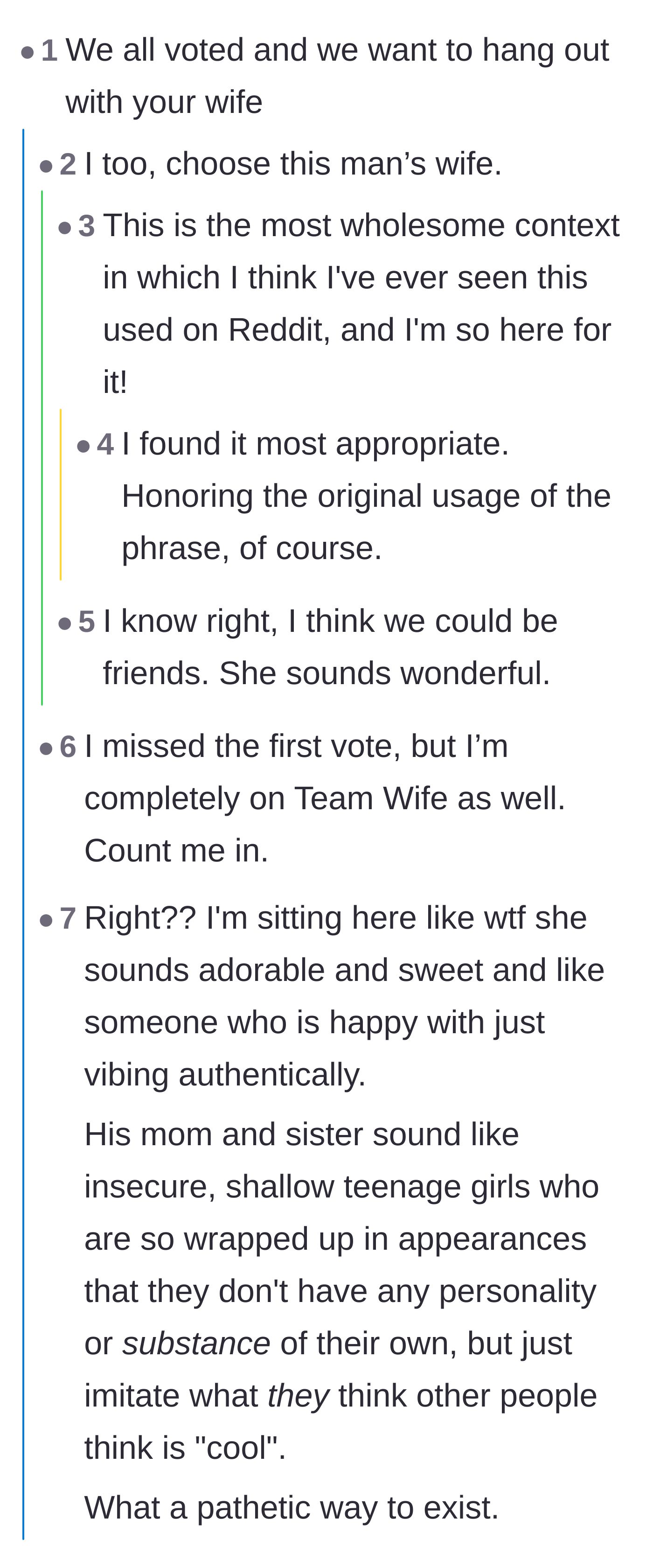 Comment thread 3 - A lighthearted thread where commenters unanimously vote that they want to be friends with the wife