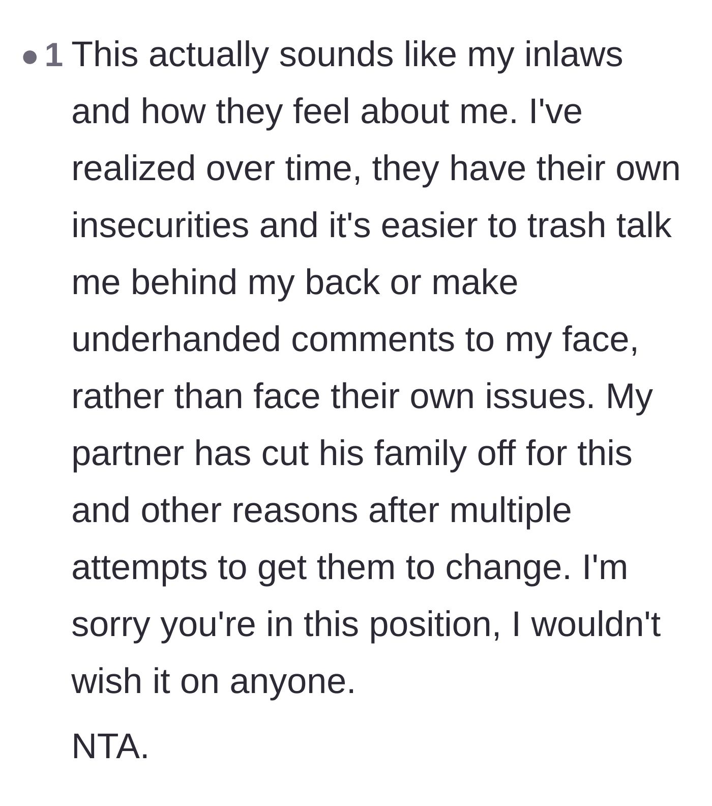 Comment thread 5 - A commenter sharing their own painful experience with toxic in-laws who project their insecurities