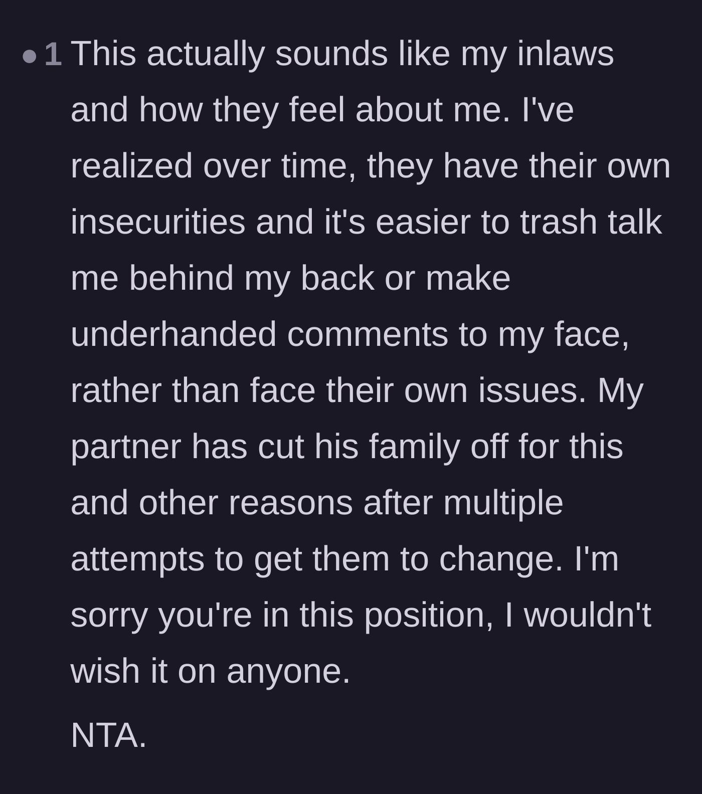 Comment thread 5 - A commenter sharing their own painful experience with toxic in-laws who project their insecurities