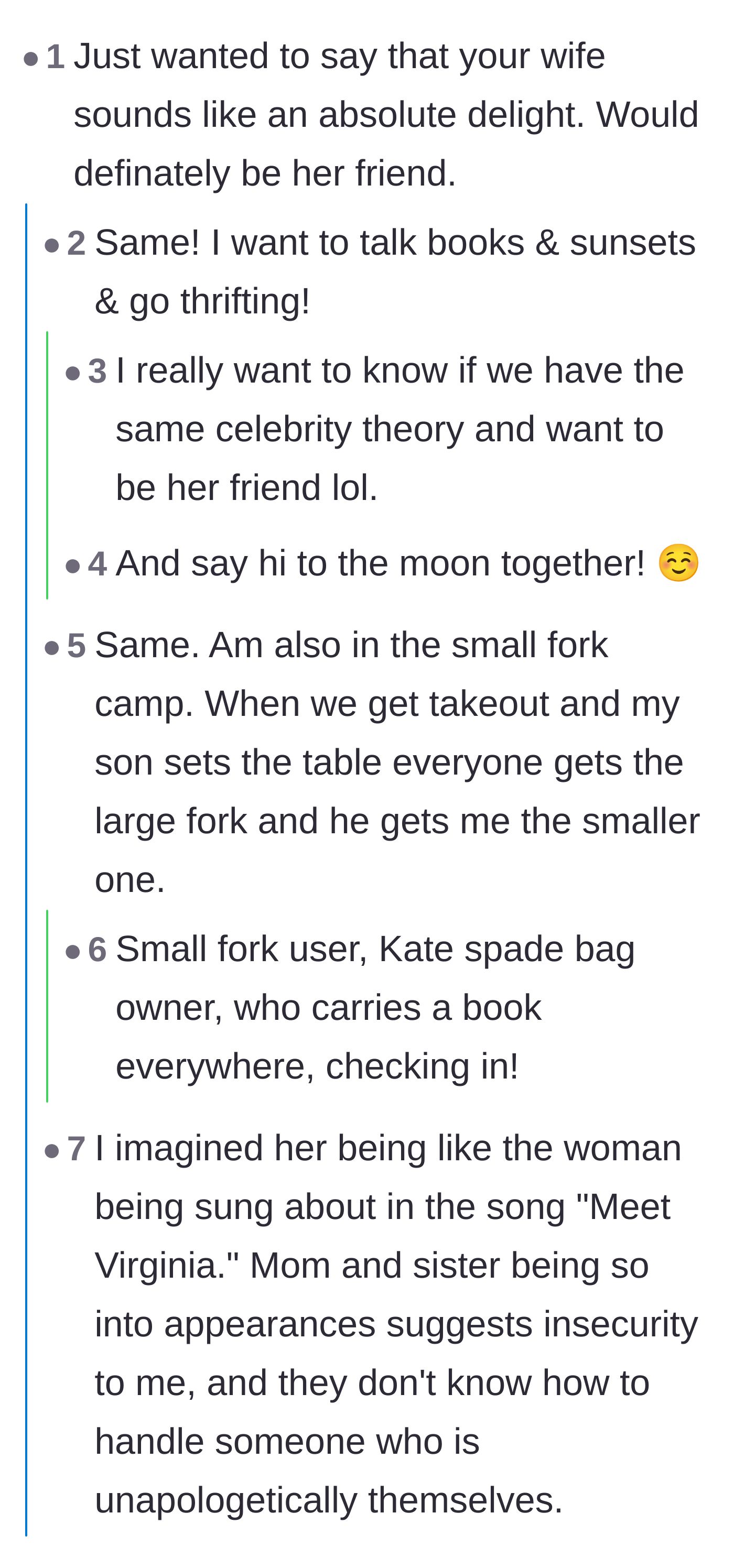 Comment thread 6 - Commenters bonding over sharing the wife's specific quirks, from loving books to using small forks
