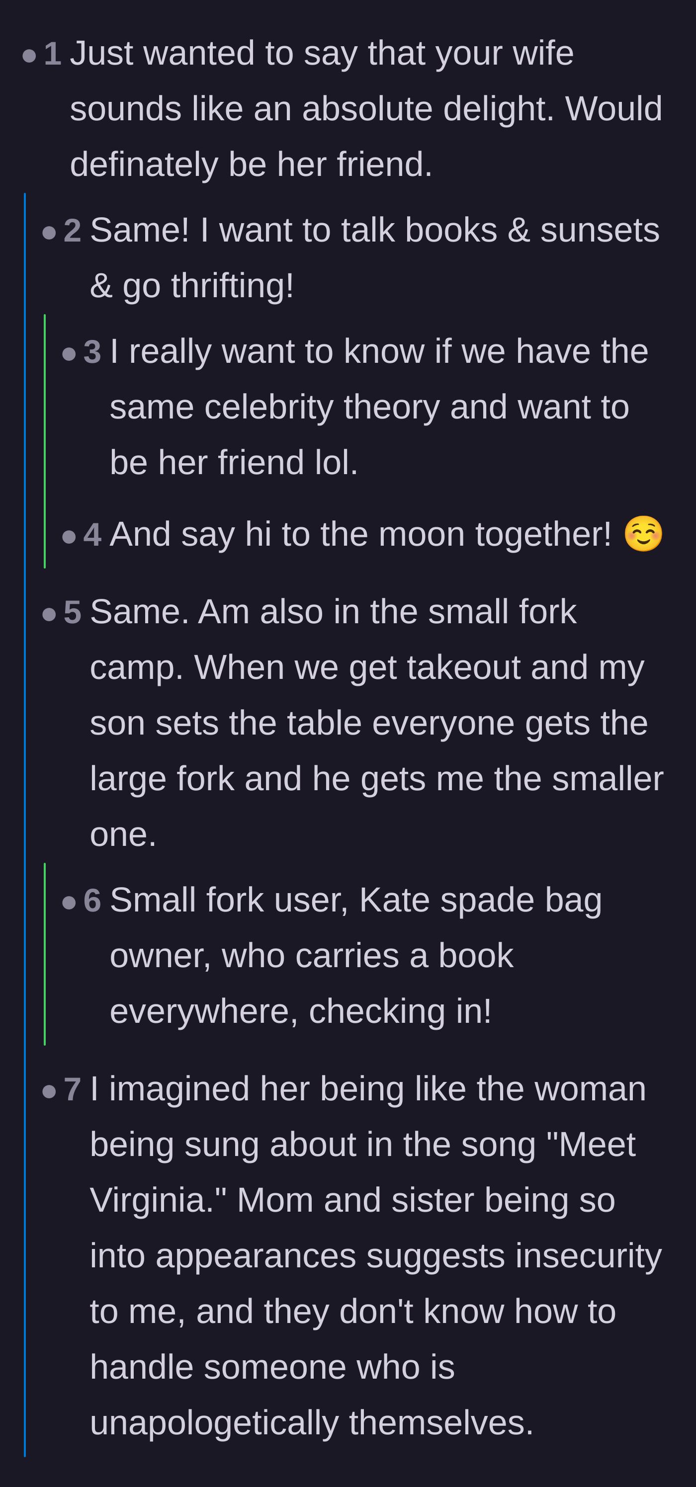 Comment thread 6 - Commenters bonding over sharing the wife's specific quirks, from loving books to using small forks