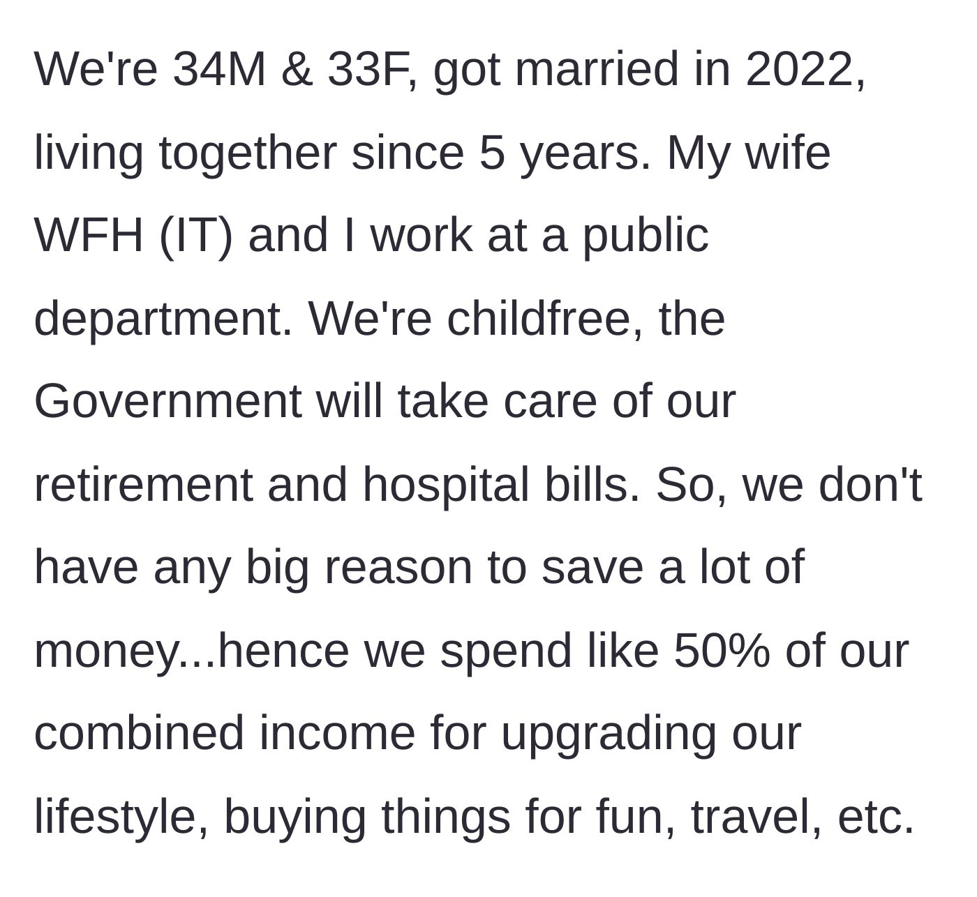 Story part 1 - Husband explains their child-free lifestyle and massive online shopping habits.
