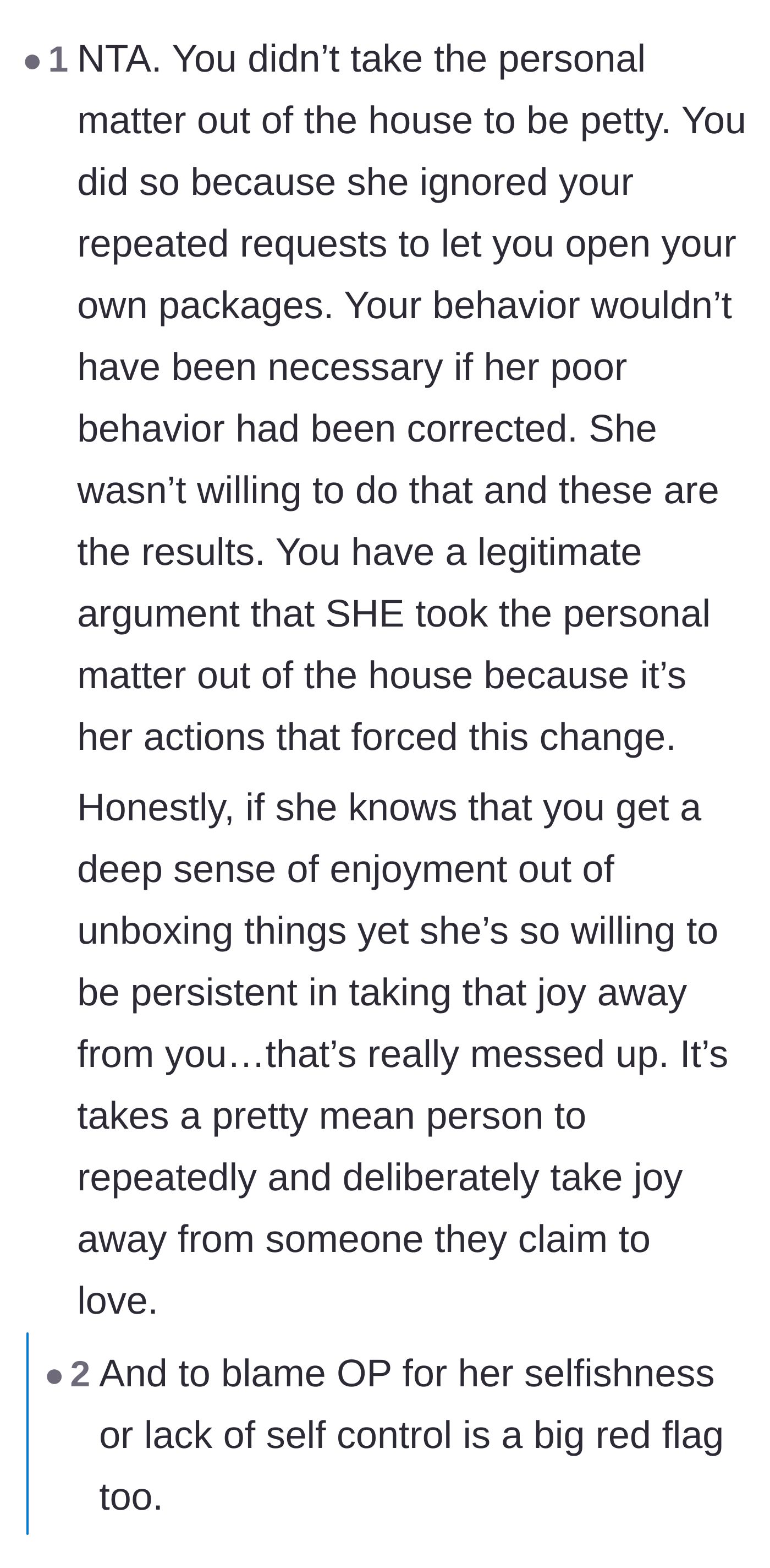 Comment thread 6 - A profound realization about how cruel it is to repeatedly and deliberately steal your partner's joy.