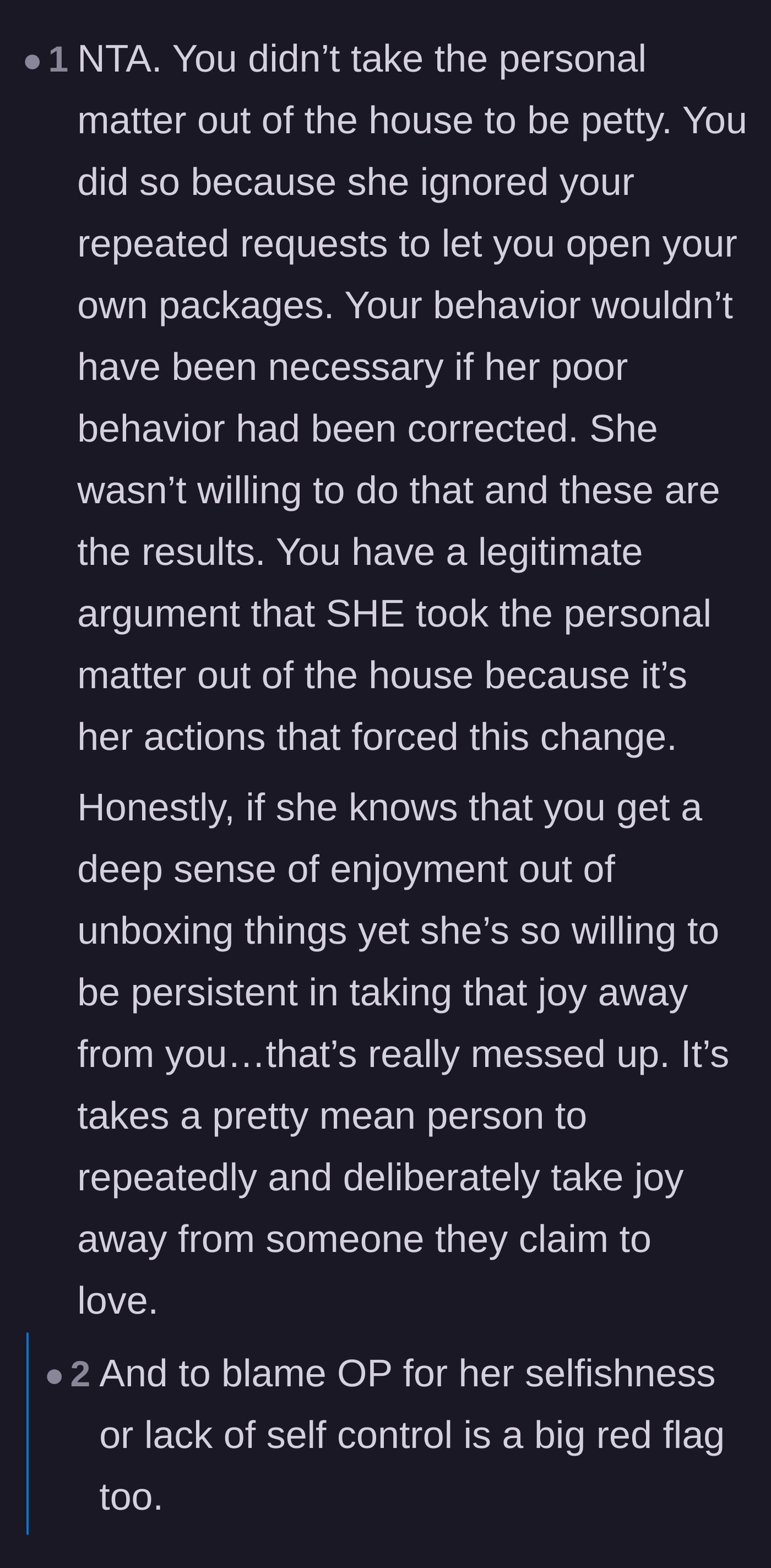 Comment thread 6 - A profound realization about how cruel it is to repeatedly and deliberately steal your partner's joy.