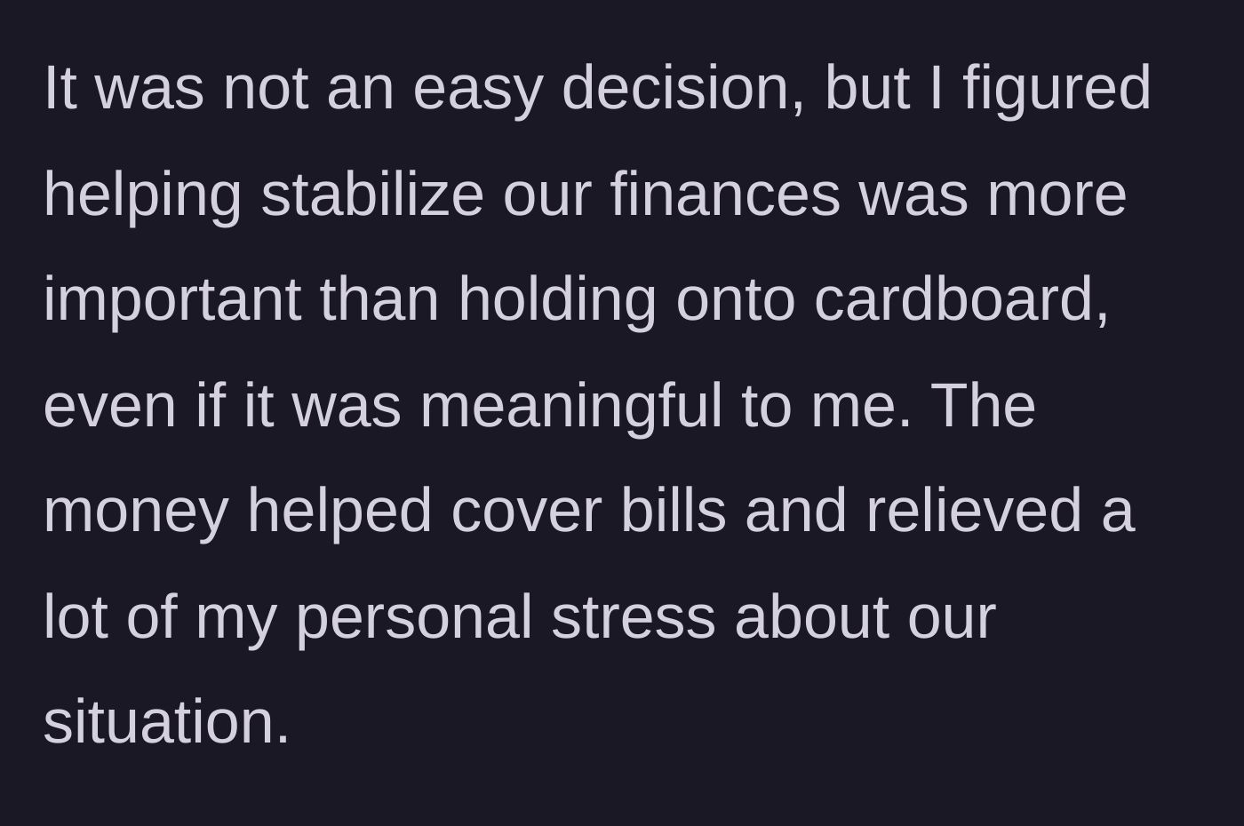 Story part 3 - The sale covers the bills and relieves his stress about their finances.