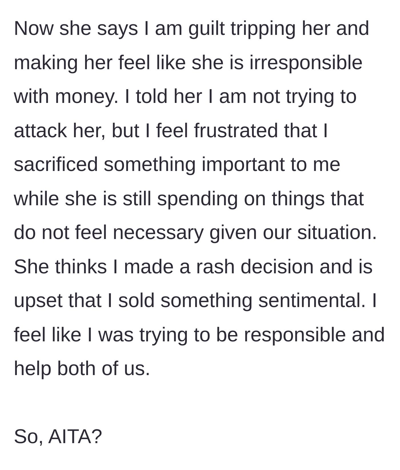 Story part 6 - The wife accuses him of guilt-tripping her, while he feels frustrated by her ongoing unnecessary spending.