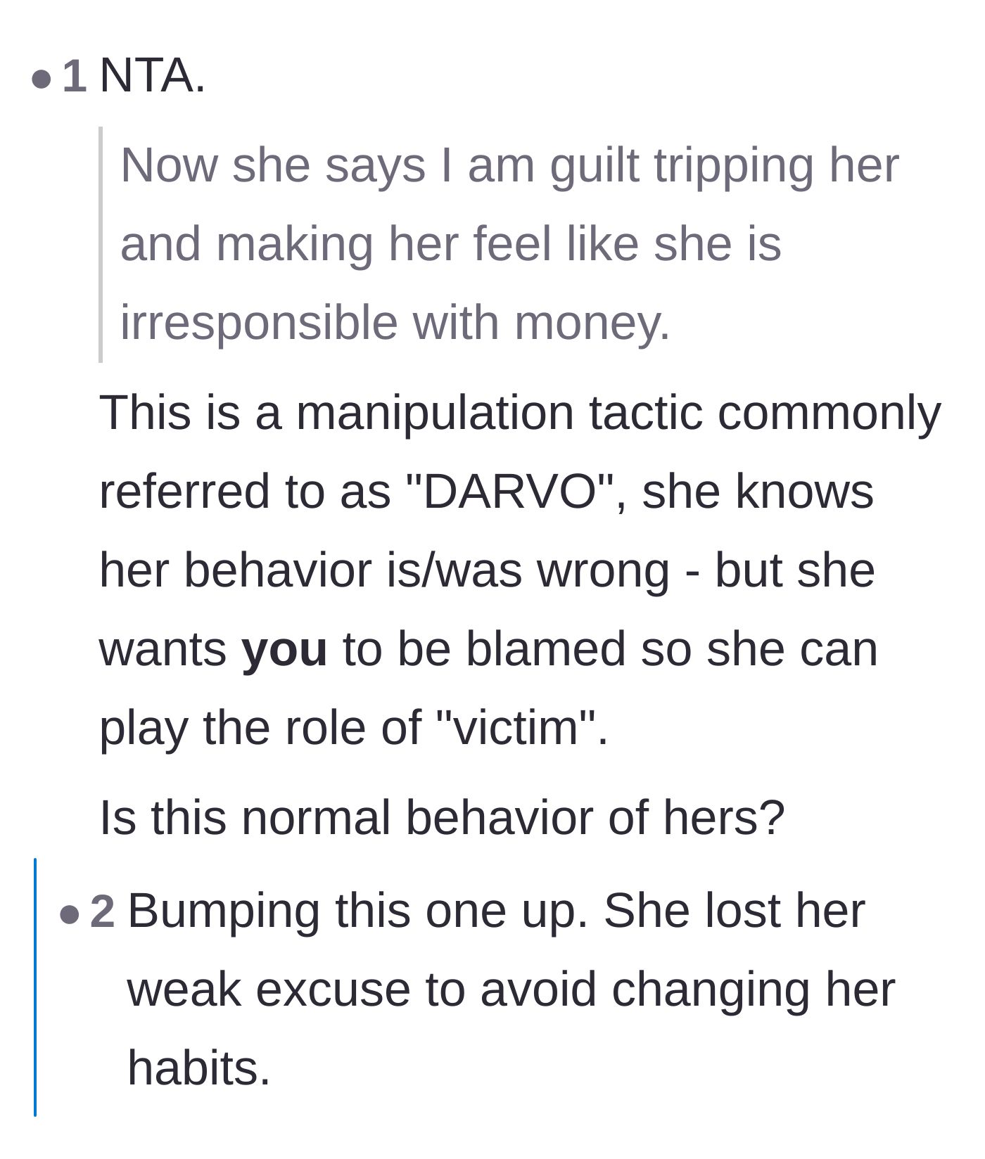 Comment thread 1 - A discussion breaking down the wife's defensive DARVO manipulation tactics.