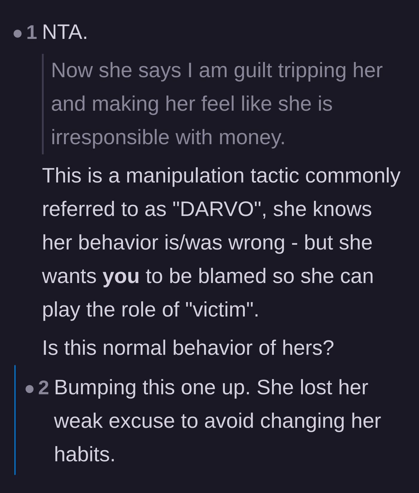 Comment thread 1 - A discussion breaking down the wife's defensive DARVO manipulation tactics.