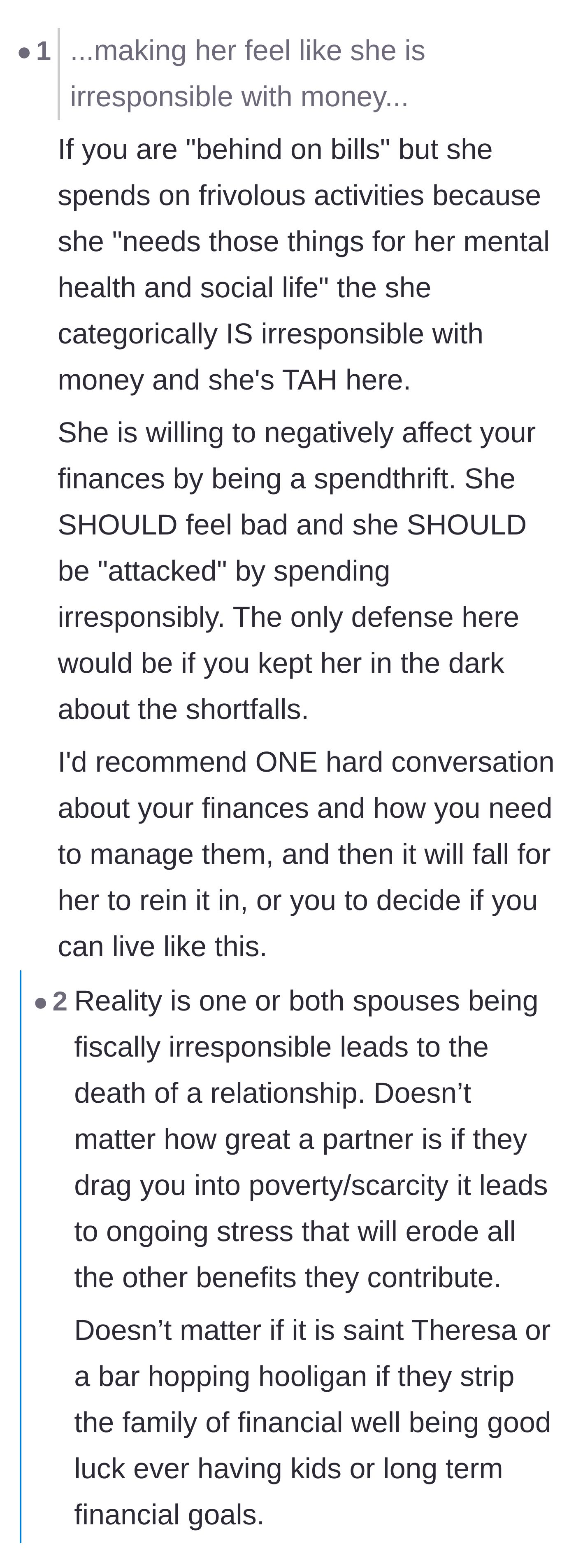Comment thread 2 - A debate confirming that the wife actually is financially irresponsible and should feel bad about it.