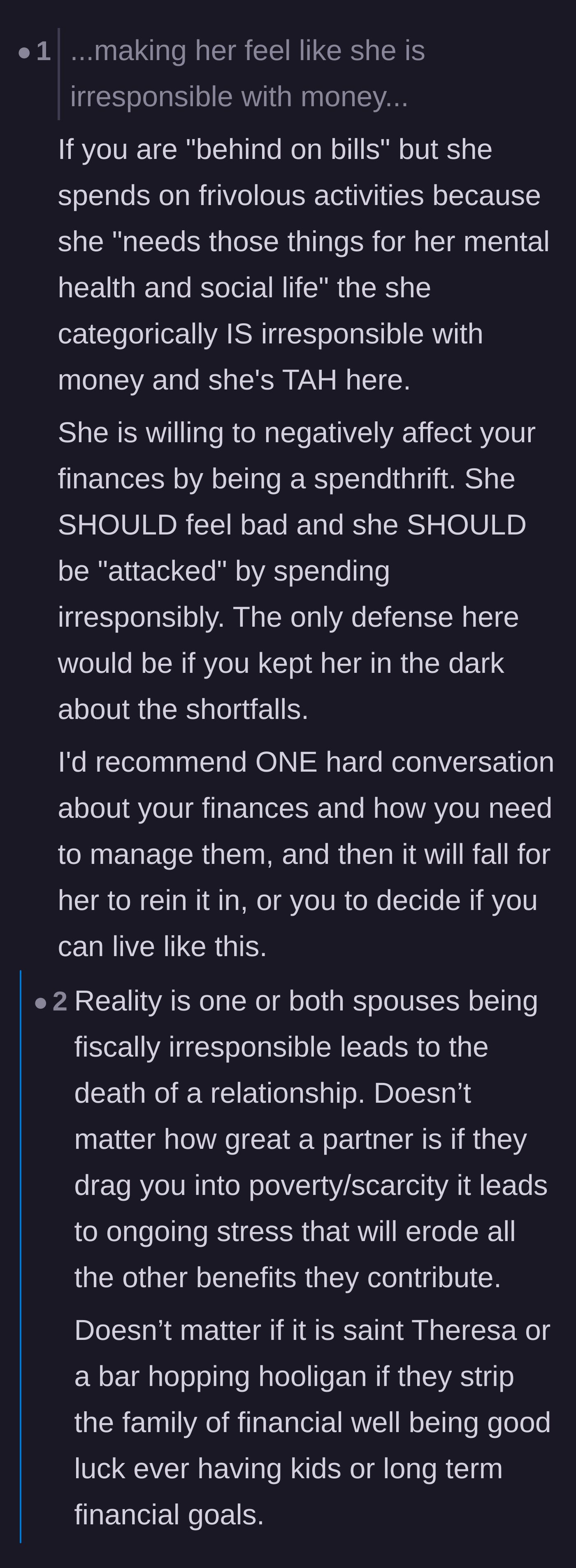 Comment thread 2 - A debate confirming that the wife actually is financially irresponsible and should feel bad about it.