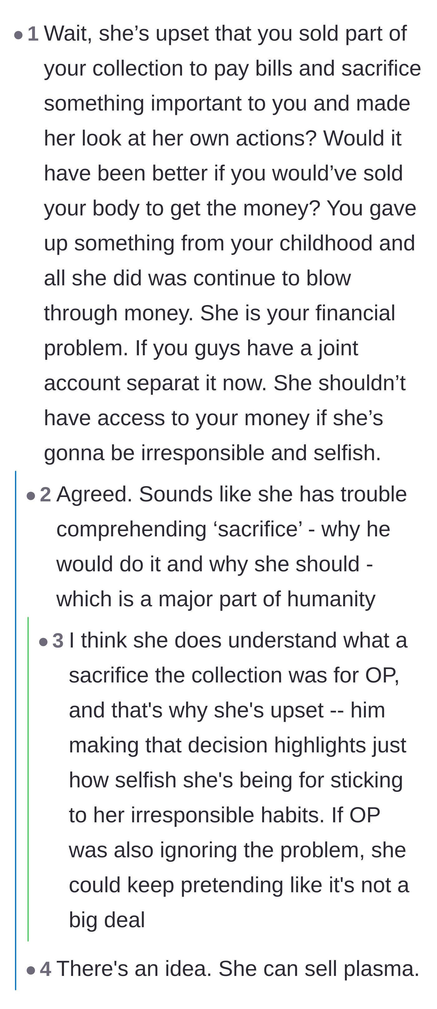Comment thread 3 - Readers analyzing how the husband's sacrifice held a mirror up to the wife's selfishness.