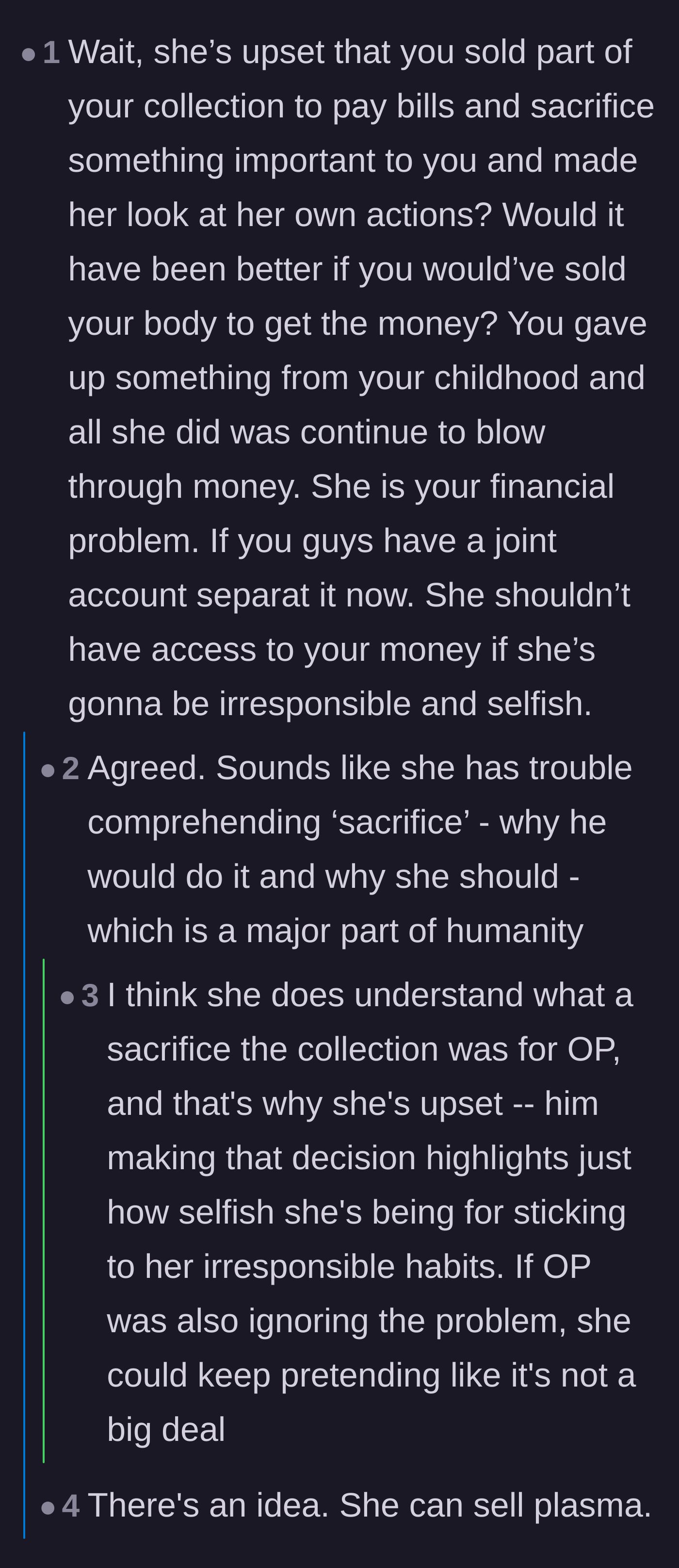 Comment thread 3 - Readers analyzing how the husband's sacrifice held a mirror up to the wife's selfishness.