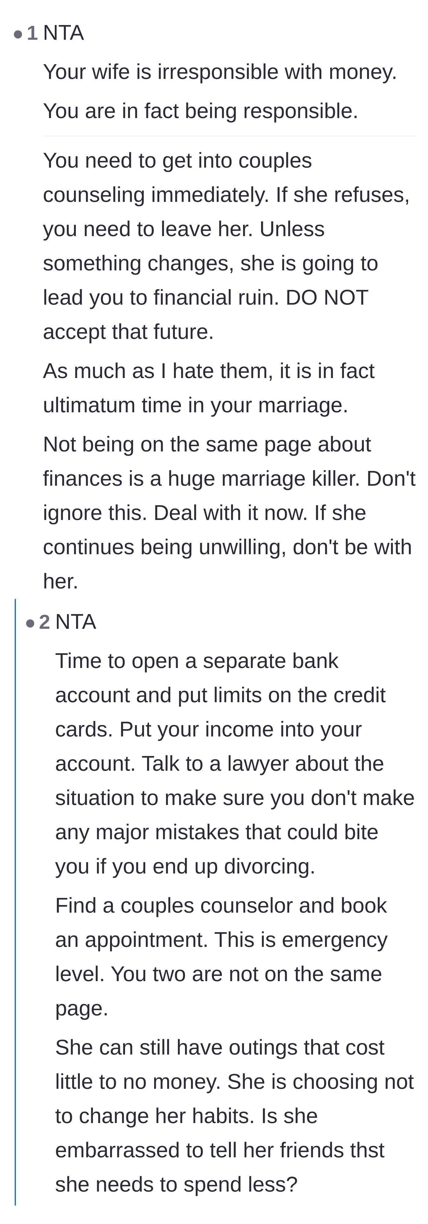 Comment thread 4 - Advice urging the husband to issue an ultimatum and separate their finances to avoid ruin.