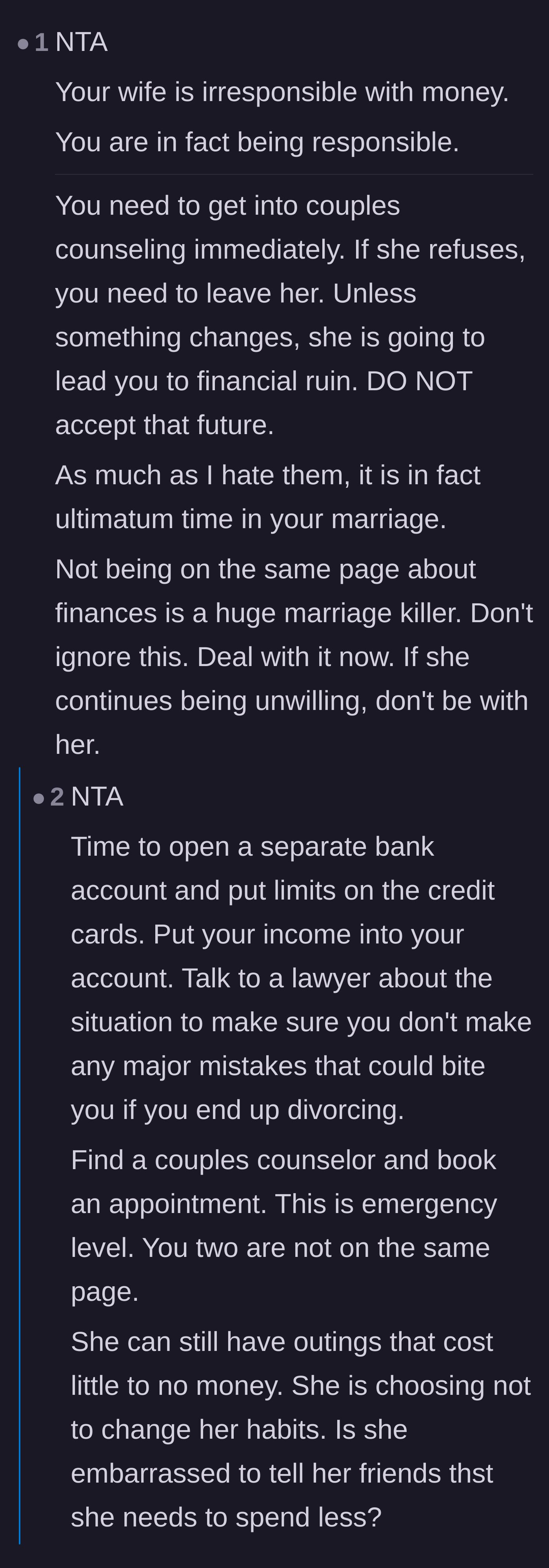 Comment thread 4 - Advice urging the husband to issue an ultimatum and separate their finances to avoid ruin.