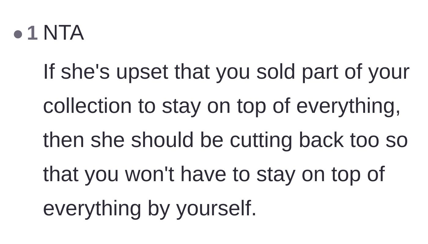 Comment thread 6 - Pointing out the hypocrisy of the wife being upset about the cards while refusing to budget.