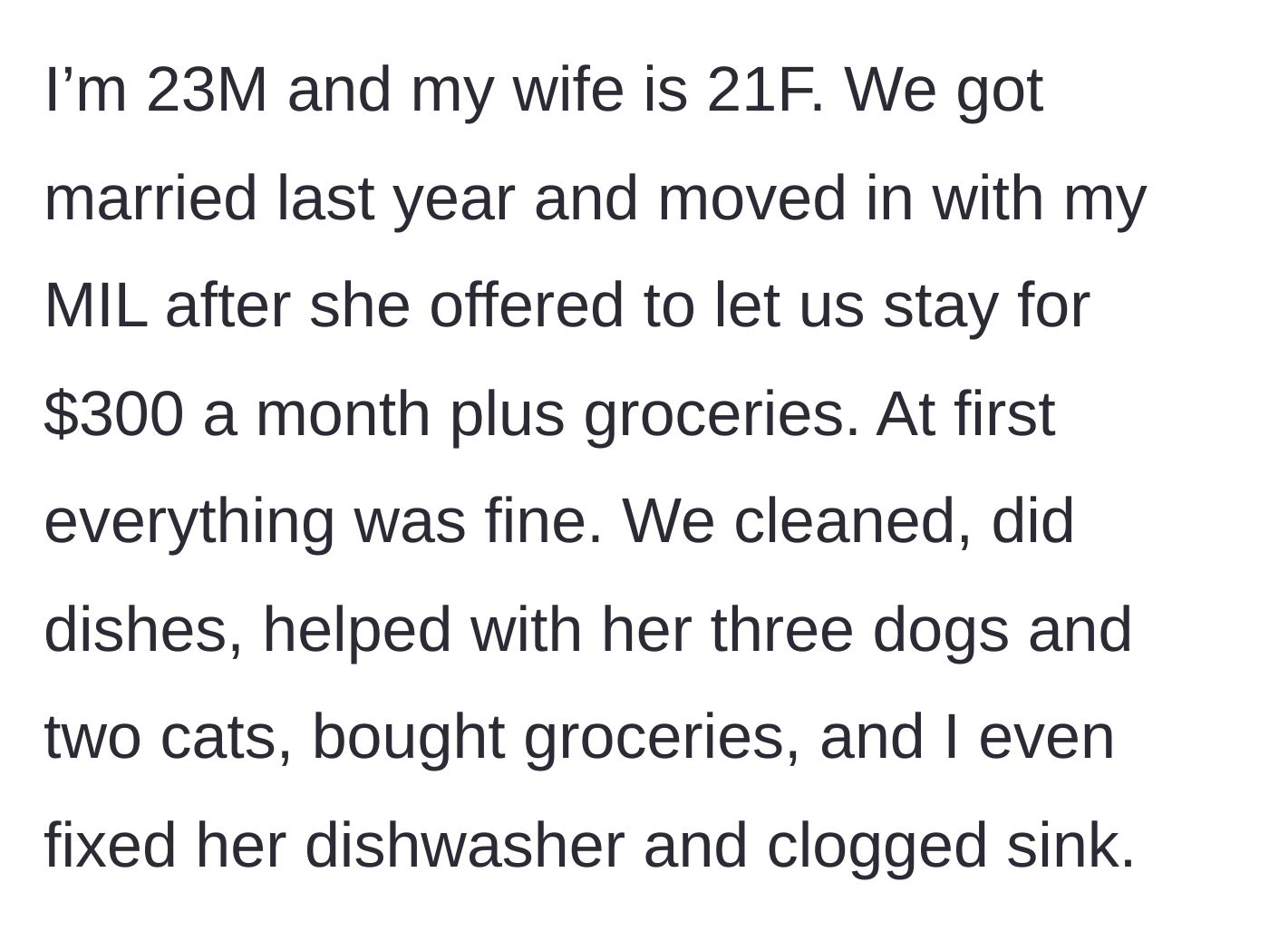 Story part 1 - Newlyweds move in with mother-in-law for cheap rent and act as the ultimate live-in handymen and maids.