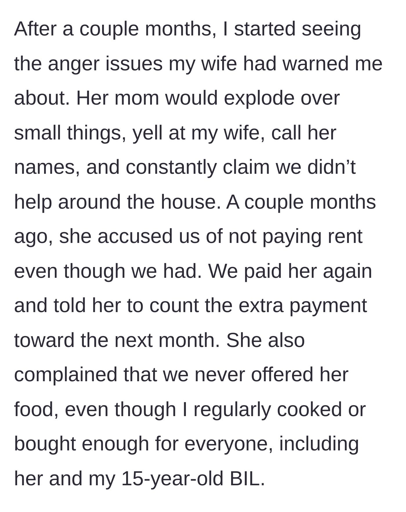 Story part 2 - Mother-in-law starts randomly exploding, literally tricks them into paying double rent, and demands food.