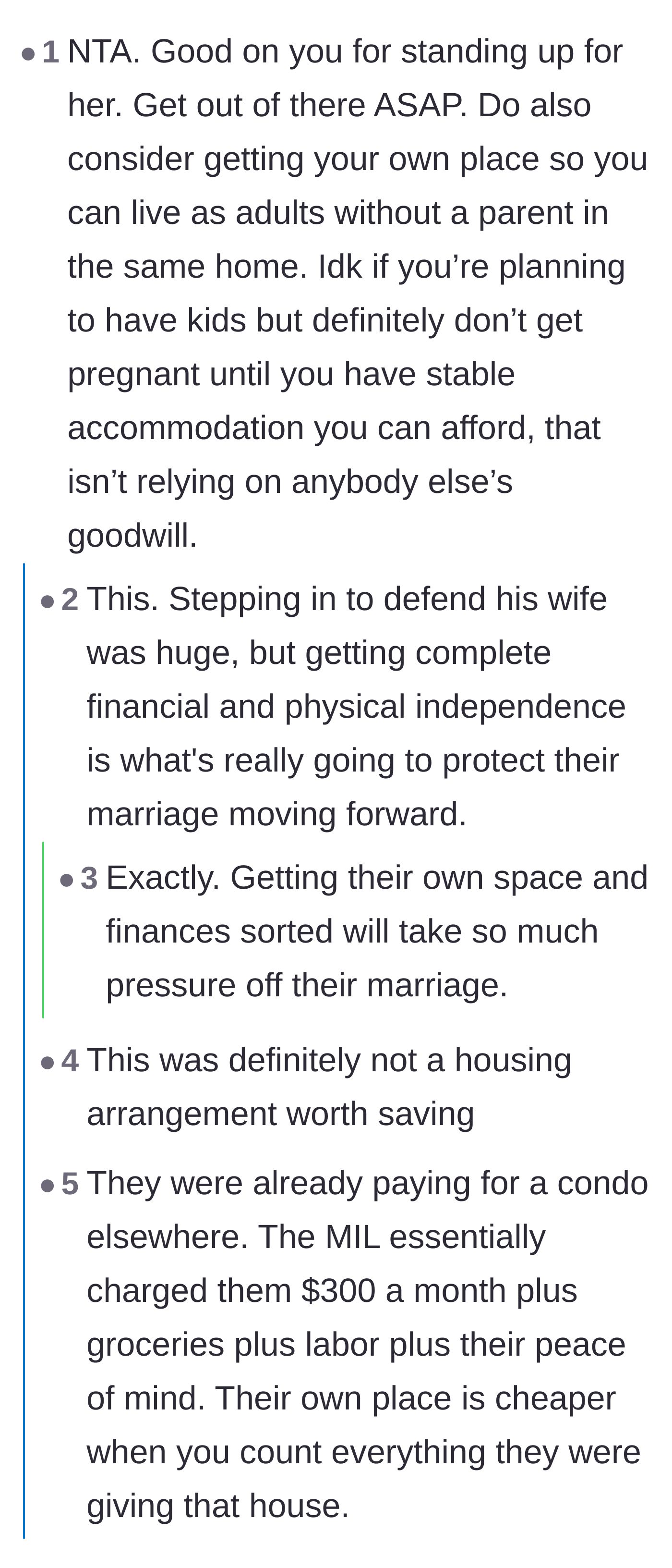 Comment thread discussing how moving into their own place is actually cheaper than paying the mother-in-law in rent, labor, and peace of mind.