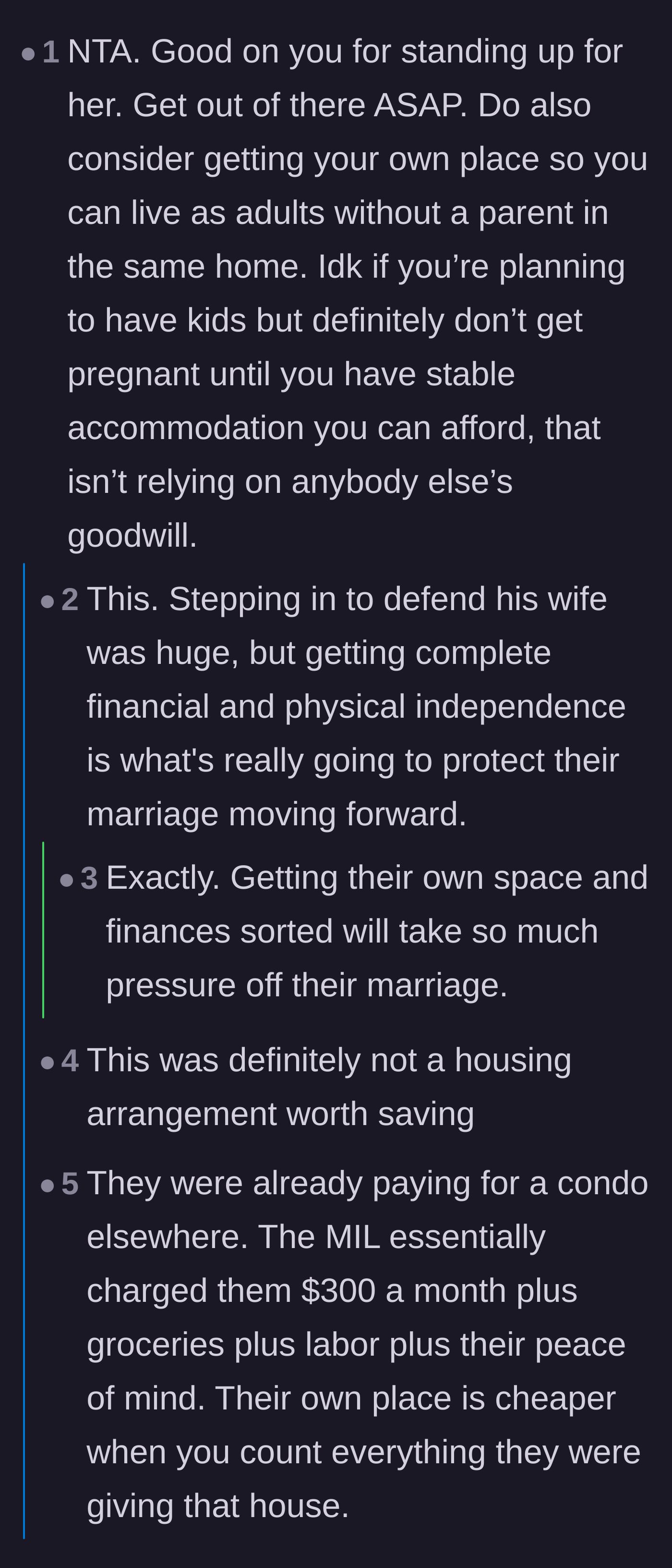Comment thread discussing how moving into their own place is actually cheaper than paying the mother-in-law in rent, labor, and peace of mind.