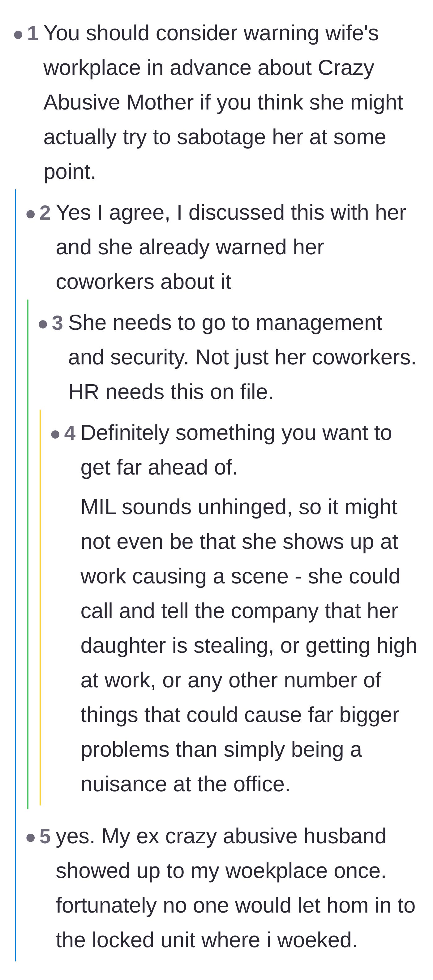 Comment thread advising the couple to warn the wife's workplace and HR about her mother's threats to show up and cause trouble.