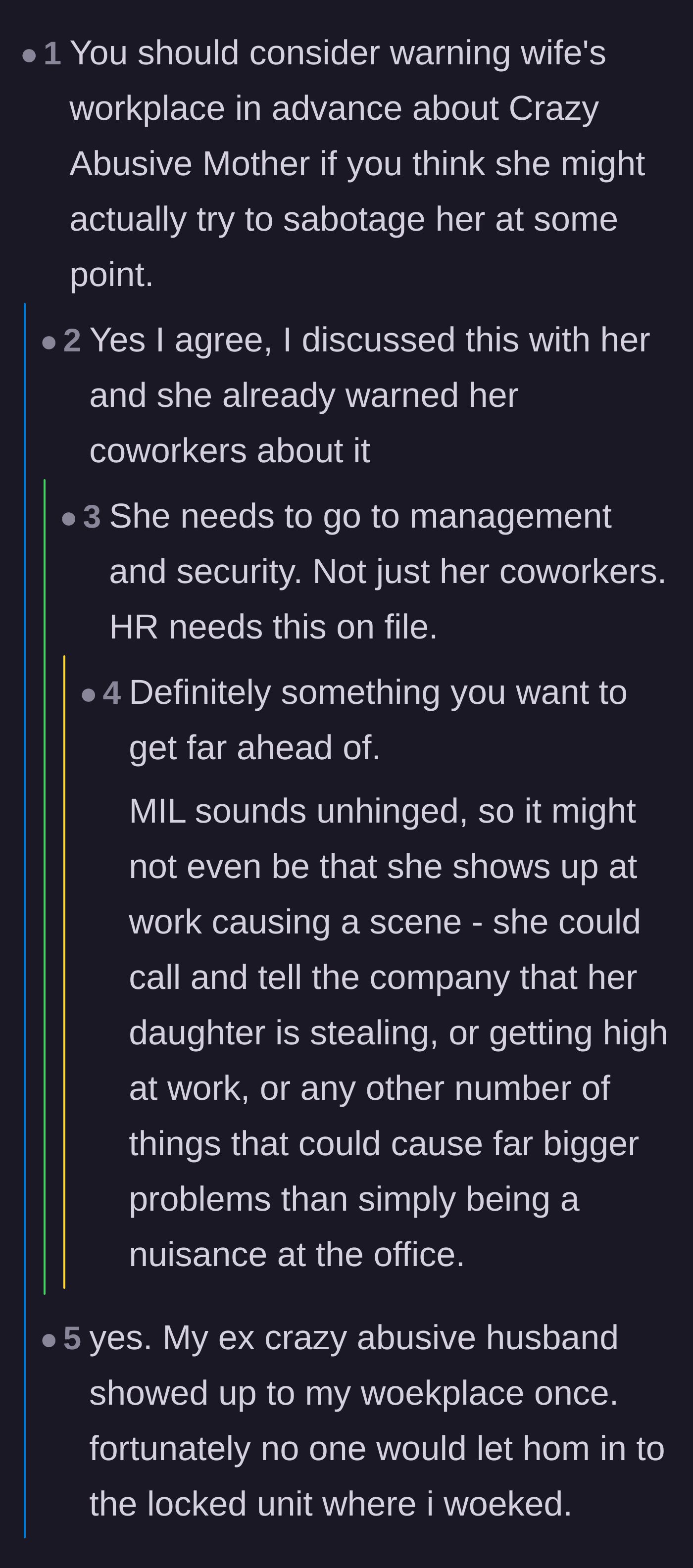 Comment thread advising the couple to warn the wife's workplace and HR about her mother's threats to show up and cause trouble.