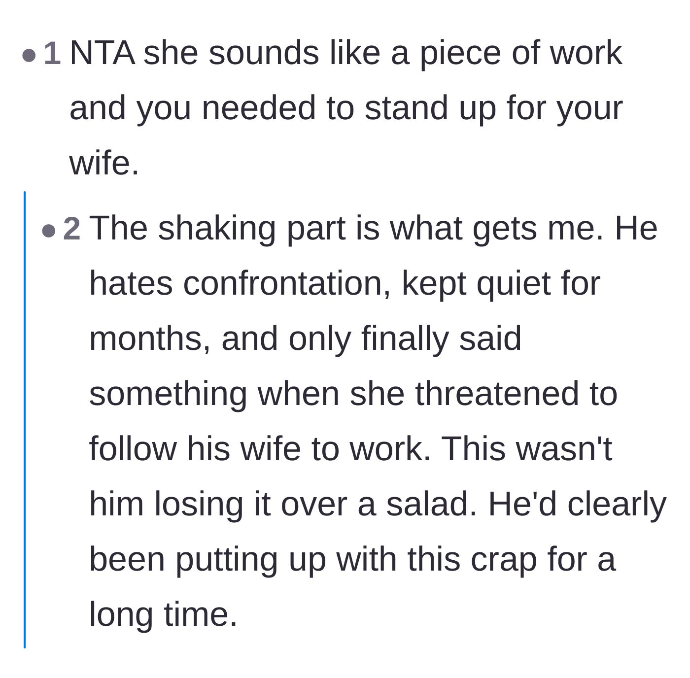 Comment thread analyzing how the husband's physical shaking proves he had been suppressing his anger over the abuse for months.