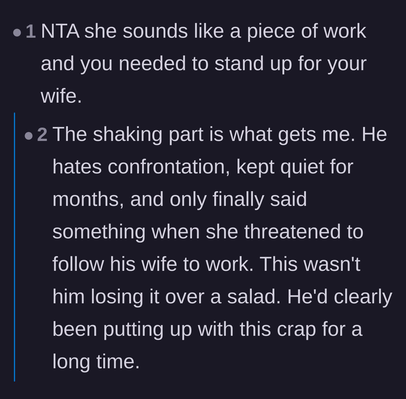 Comment thread analyzing how the husband's physical shaking proves he had been suppressing his anger over the abuse for months.