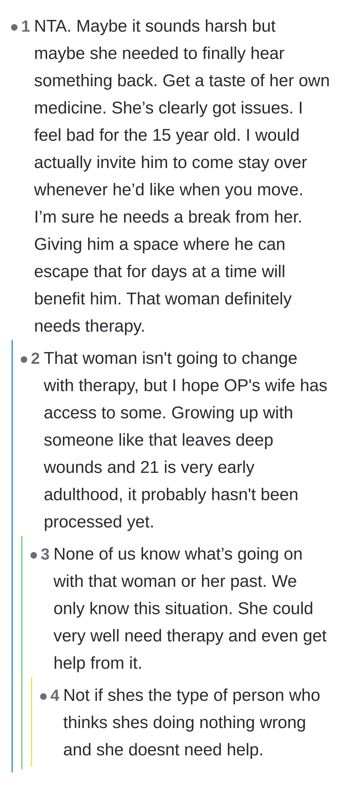 Comment thread expressing sympathy for the 15-year-old brother-in-law left behind and debating if the mother-in-law could ever benefit from therapy.