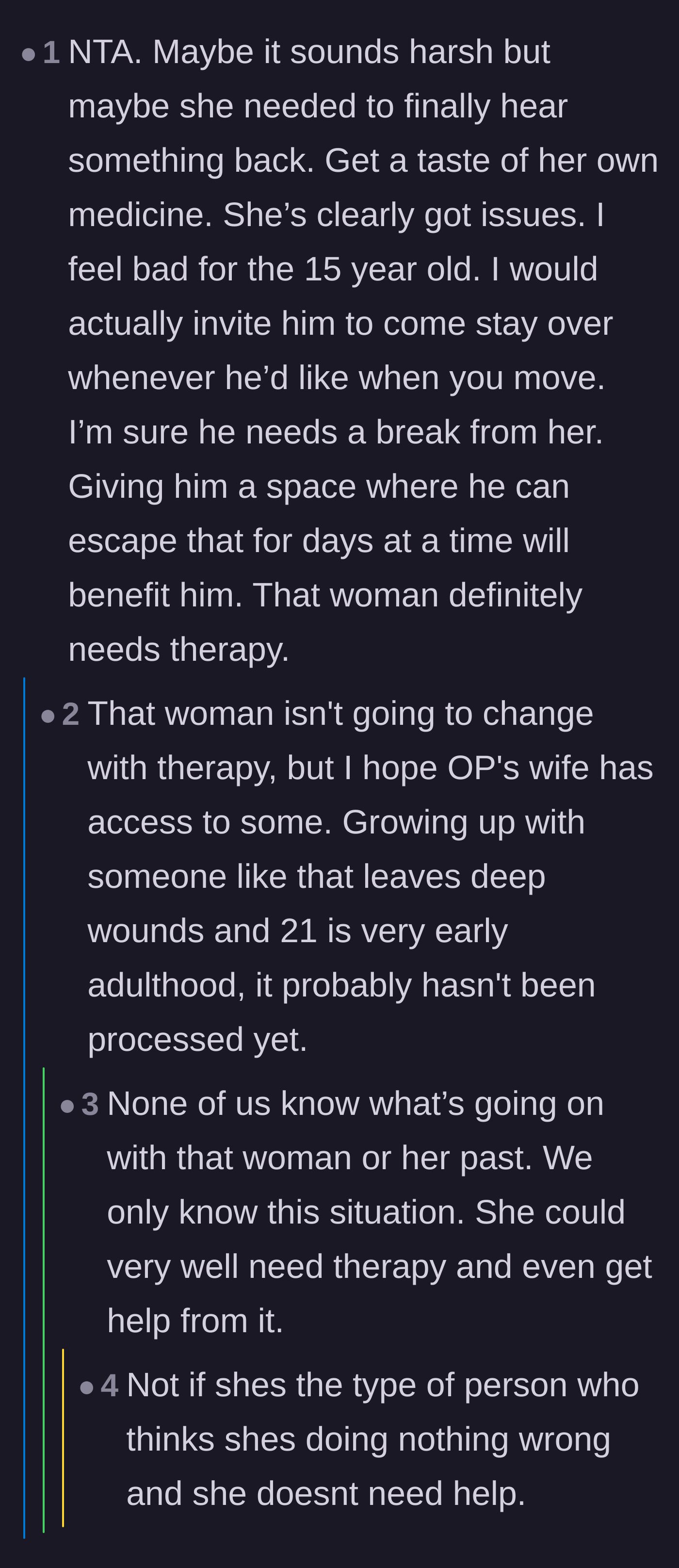 Comment thread expressing sympathy for the 15-year-old brother-in-law left behind and debating if the mother-in-law could ever benefit from therapy.