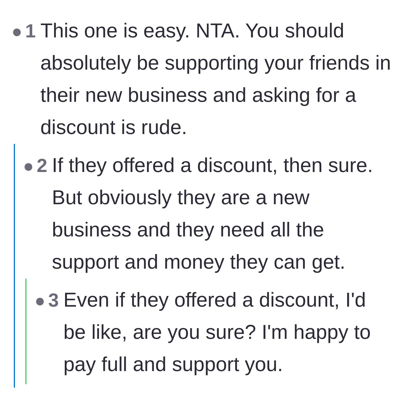 Comment thread 1 - Readers agreeing that you should completely decline discounts from new business owners.
