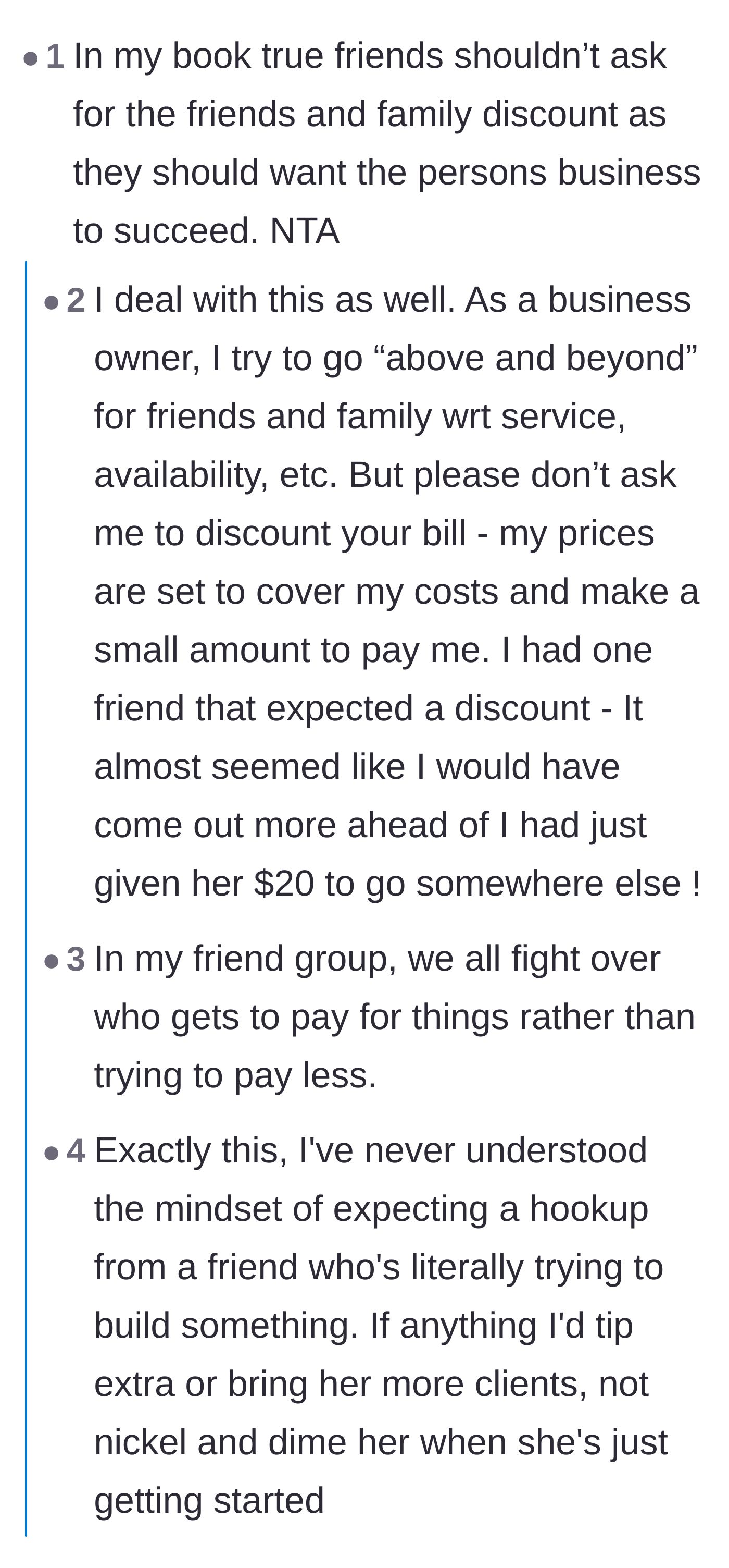 Comment thread 2 - A business owner chiming in on the frustration of friends expecting discounts.