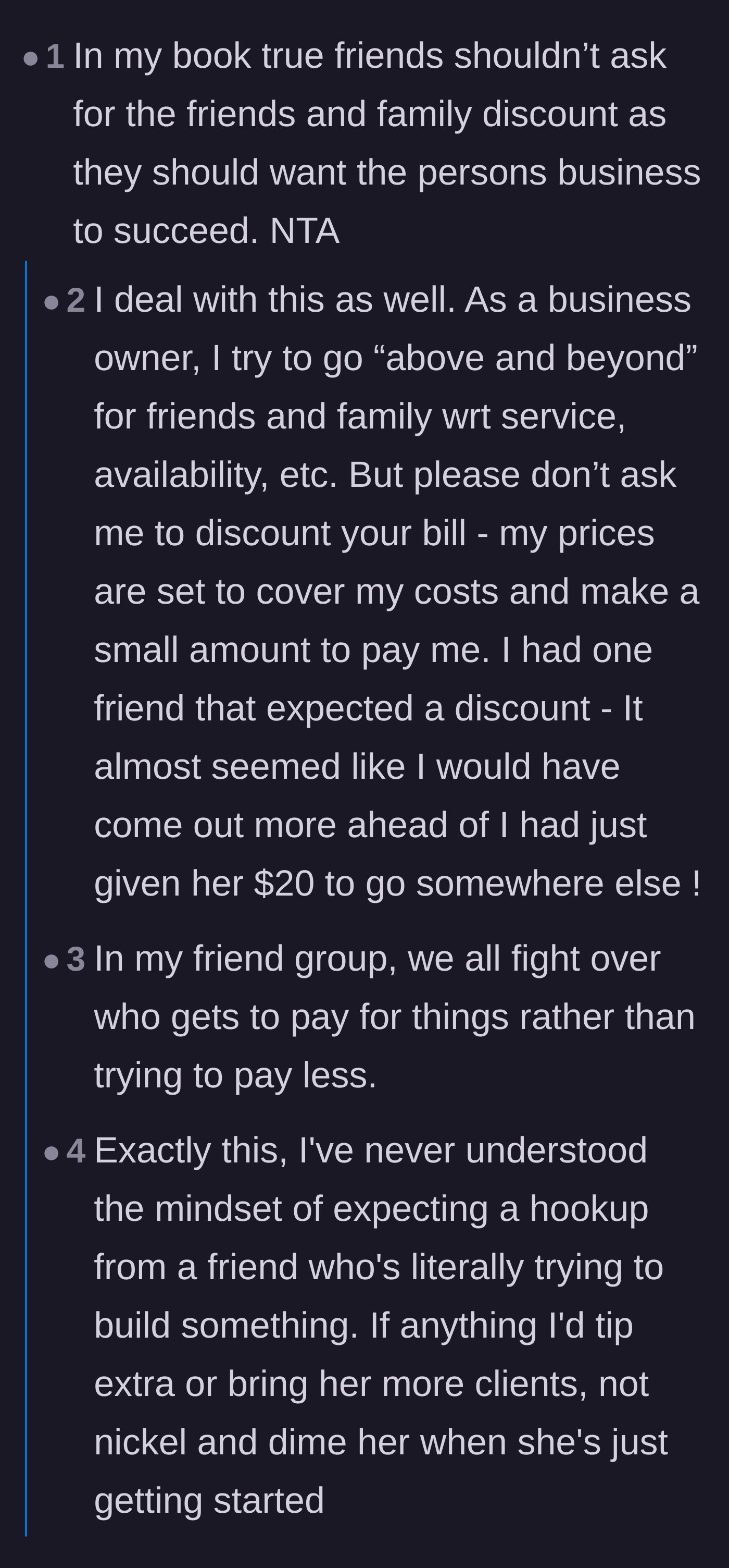 Comment thread 2 - A business owner chiming in on the frustration of friends expecting discounts.