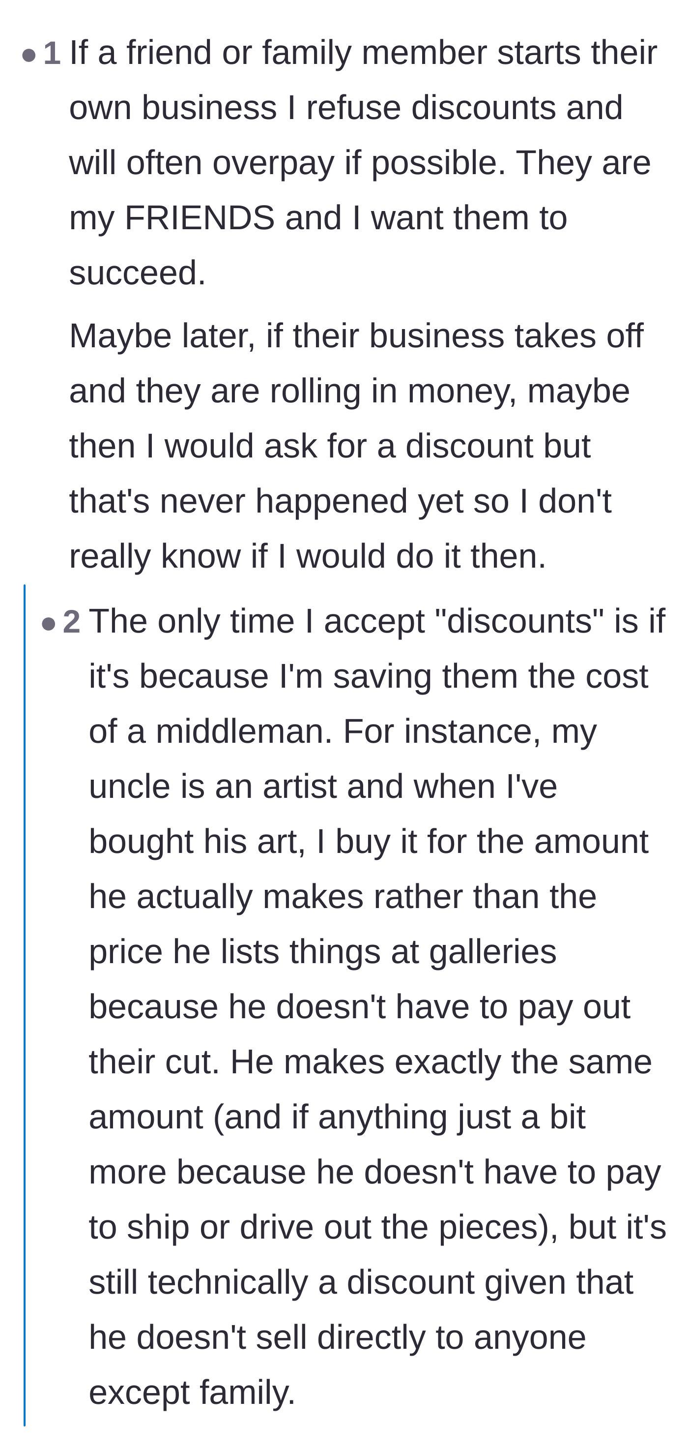 Comment thread 4 - Debate on whether to overpay or just buy gift cards to support a friend's business without being weird.