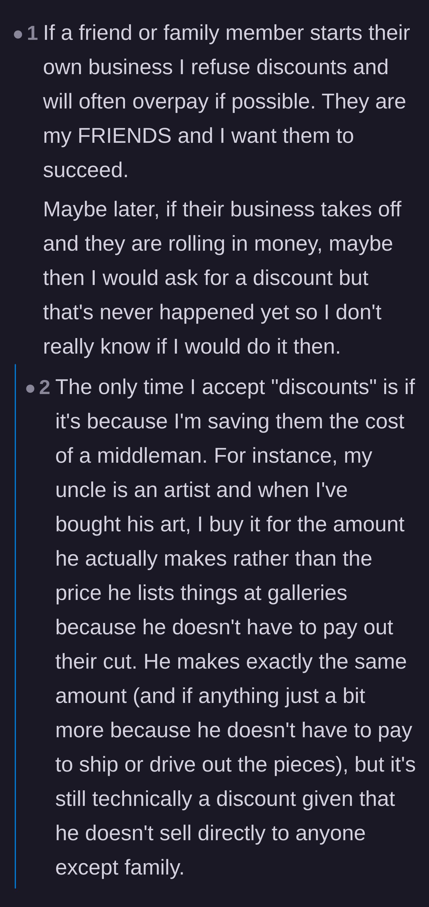 Comment thread 4 - Debate on whether to overpay or just buy gift cards to support a friend's business without being weird.