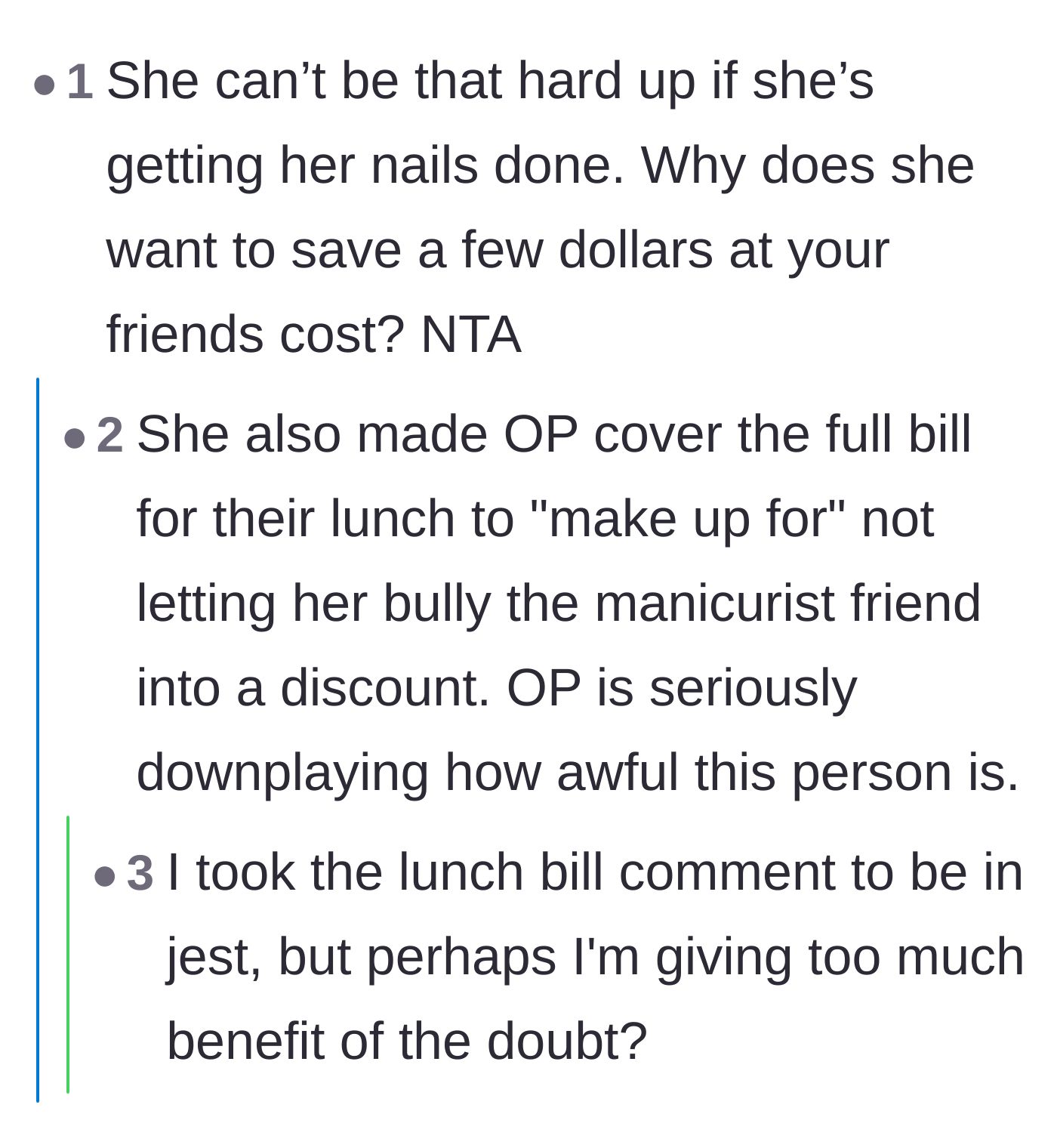 Comment thread 6 - Calling out the cheapskate friend's hypocrisy for getting luxury services while acting broke.