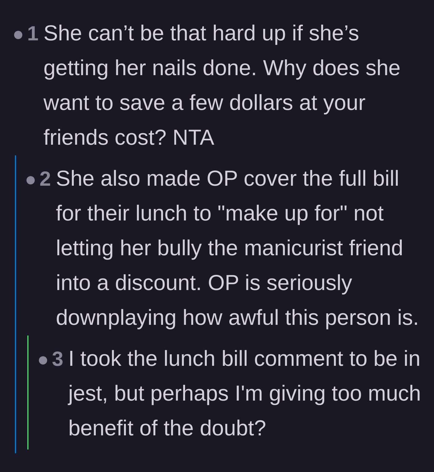 Comment thread 6 - Calling out the cheapskate friend's hypocrisy for getting luxury services while acting broke.