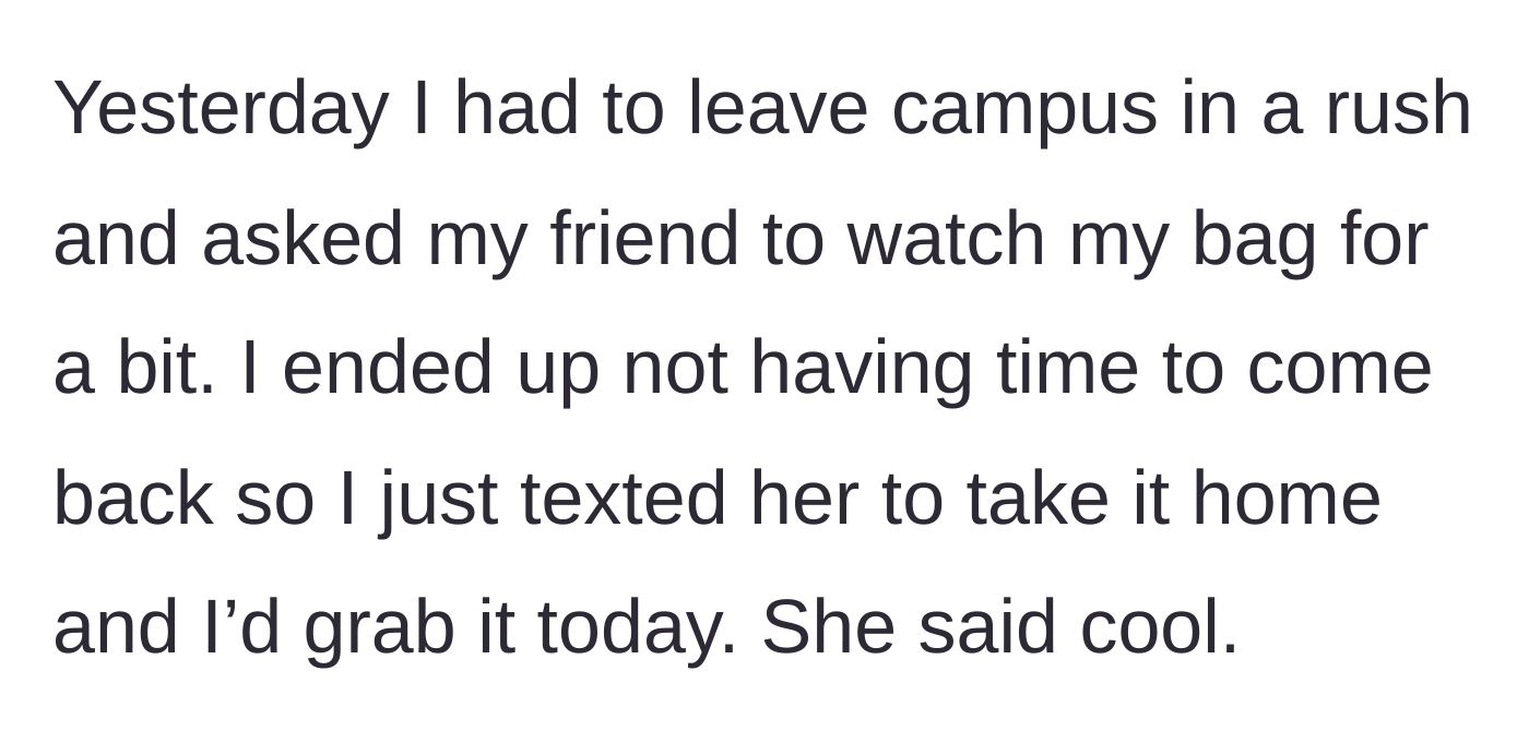 Story part 2 - The main character leaves her bag with a friend on campus and later texts her to take it home.