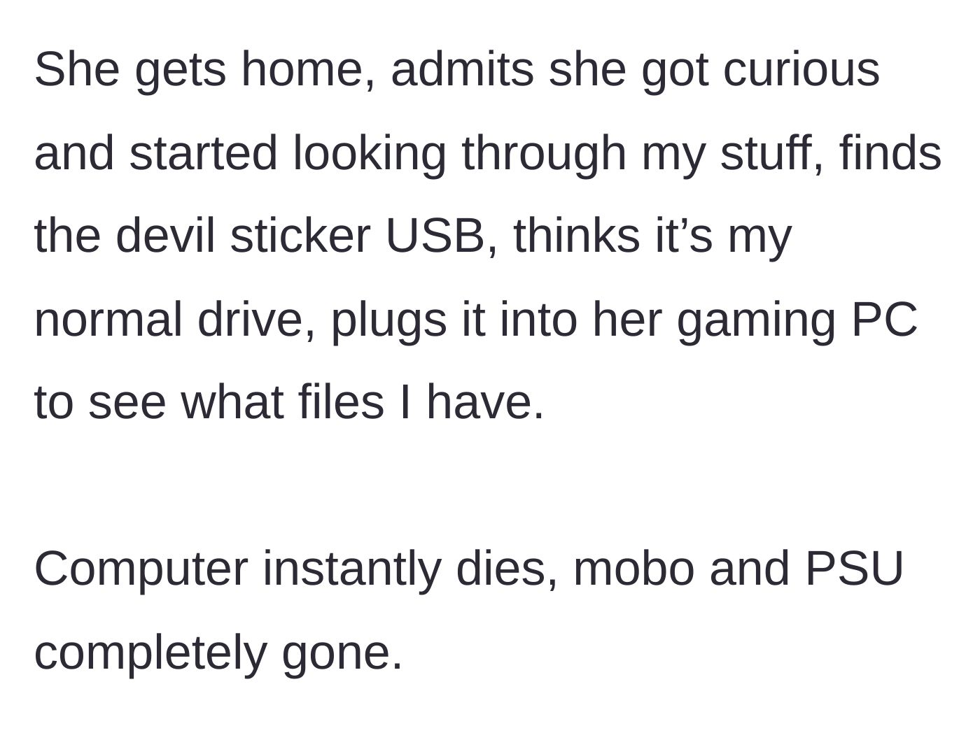 Story part 3 - The friend looks through the bag, finds the USB drive, and plugs it into her own gaming PC, instantly destroying the computer.