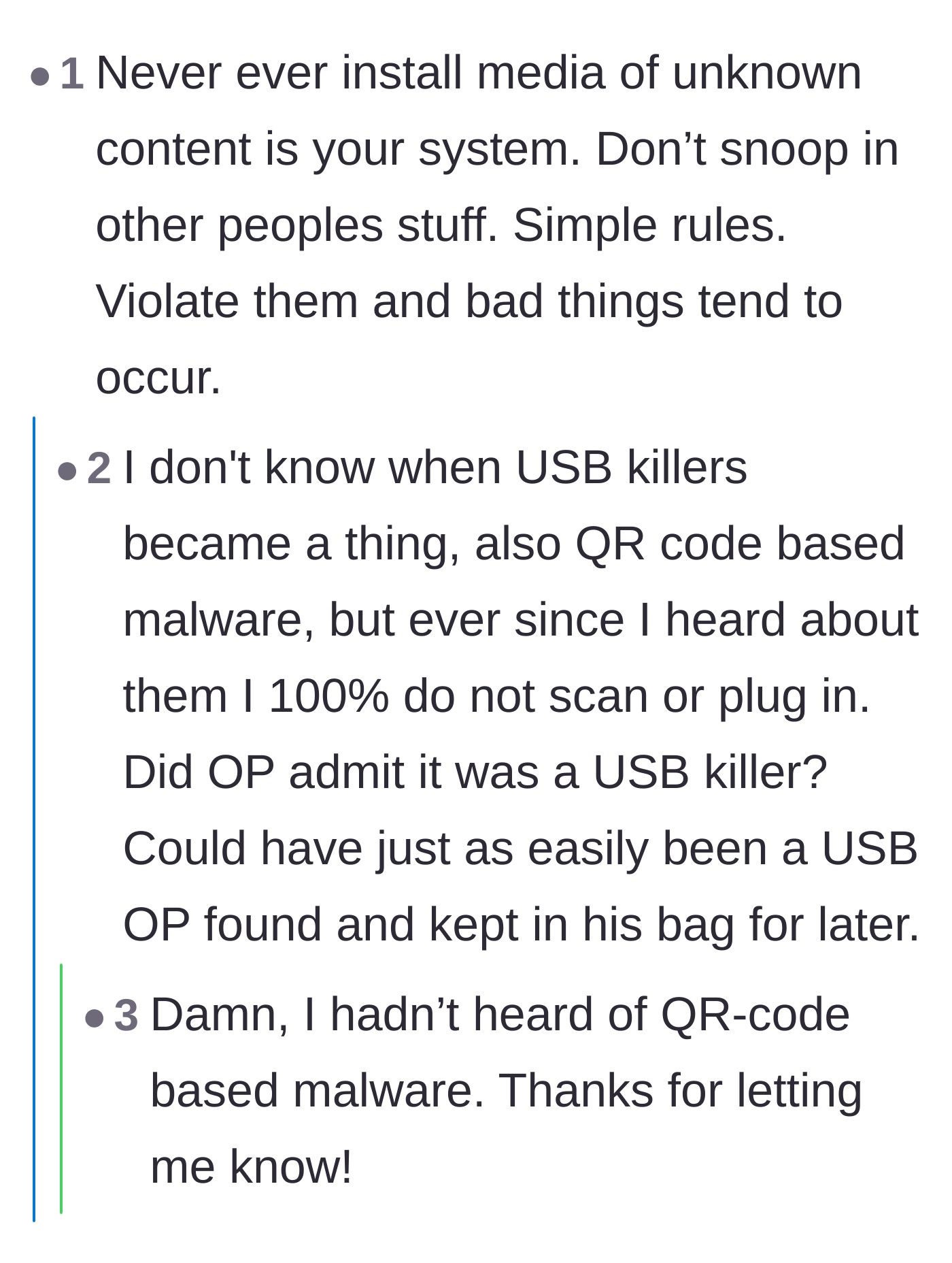 Comment thread 2 - Discussion on fundamental cybersecurity rules and the risks of plugging in unknown devices.