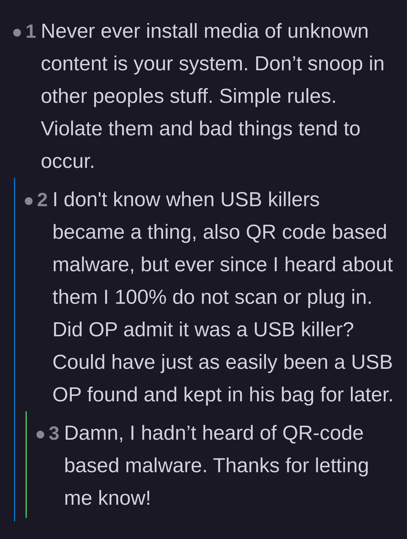 Comment thread 2 - Discussion on fundamental cybersecurity rules and the risks of plugging in unknown devices.