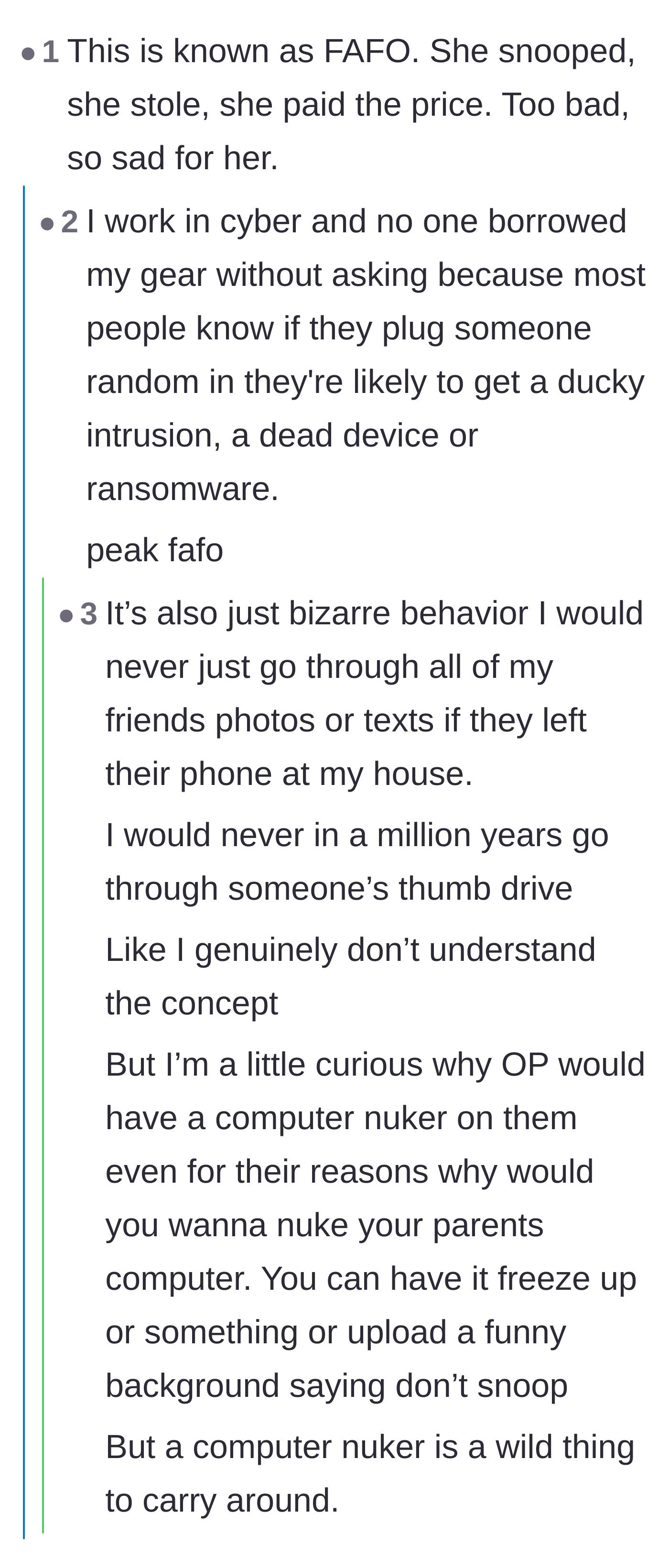 Comment thread 3 - Cybersecurity workers reacting to the sheer audacity of digitally snooping through a friend's files.