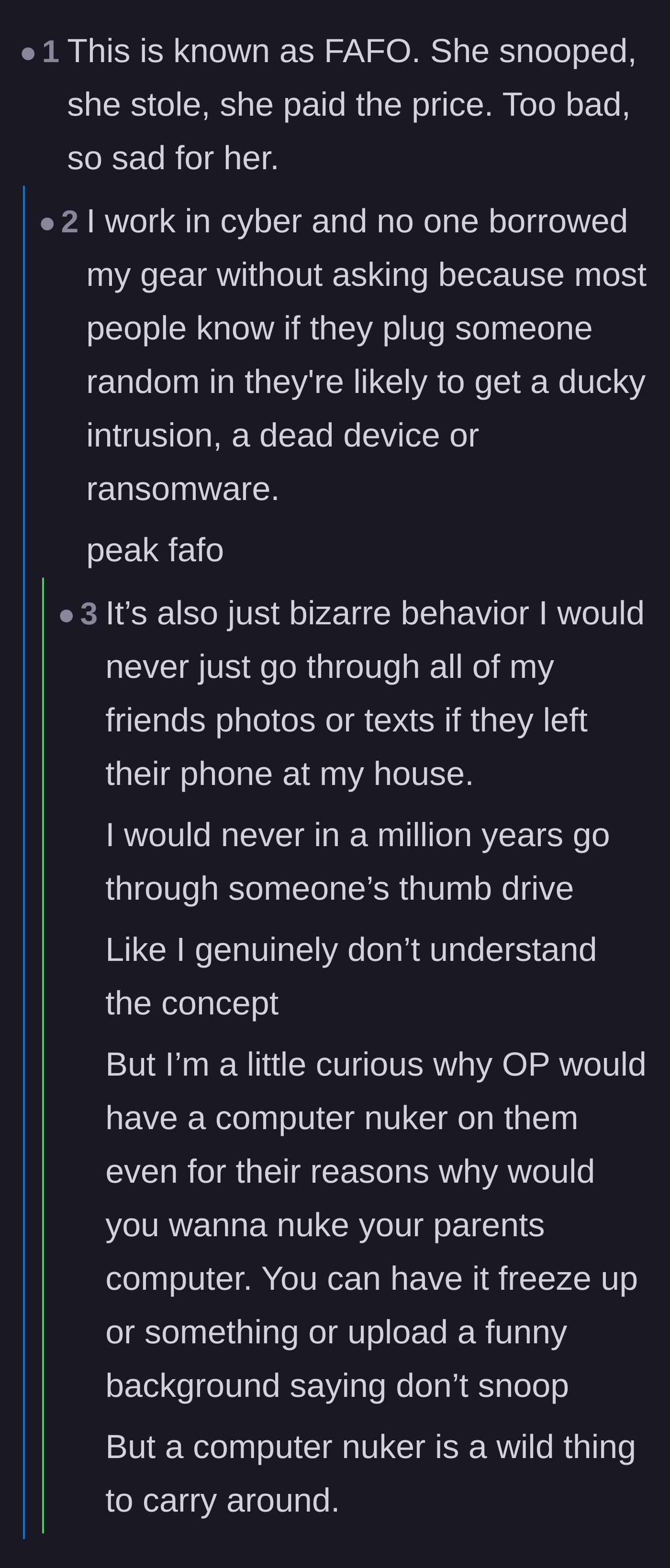 Comment thread 3 - Cybersecurity workers reacting to the sheer audacity of digitally snooping through a friend's files.