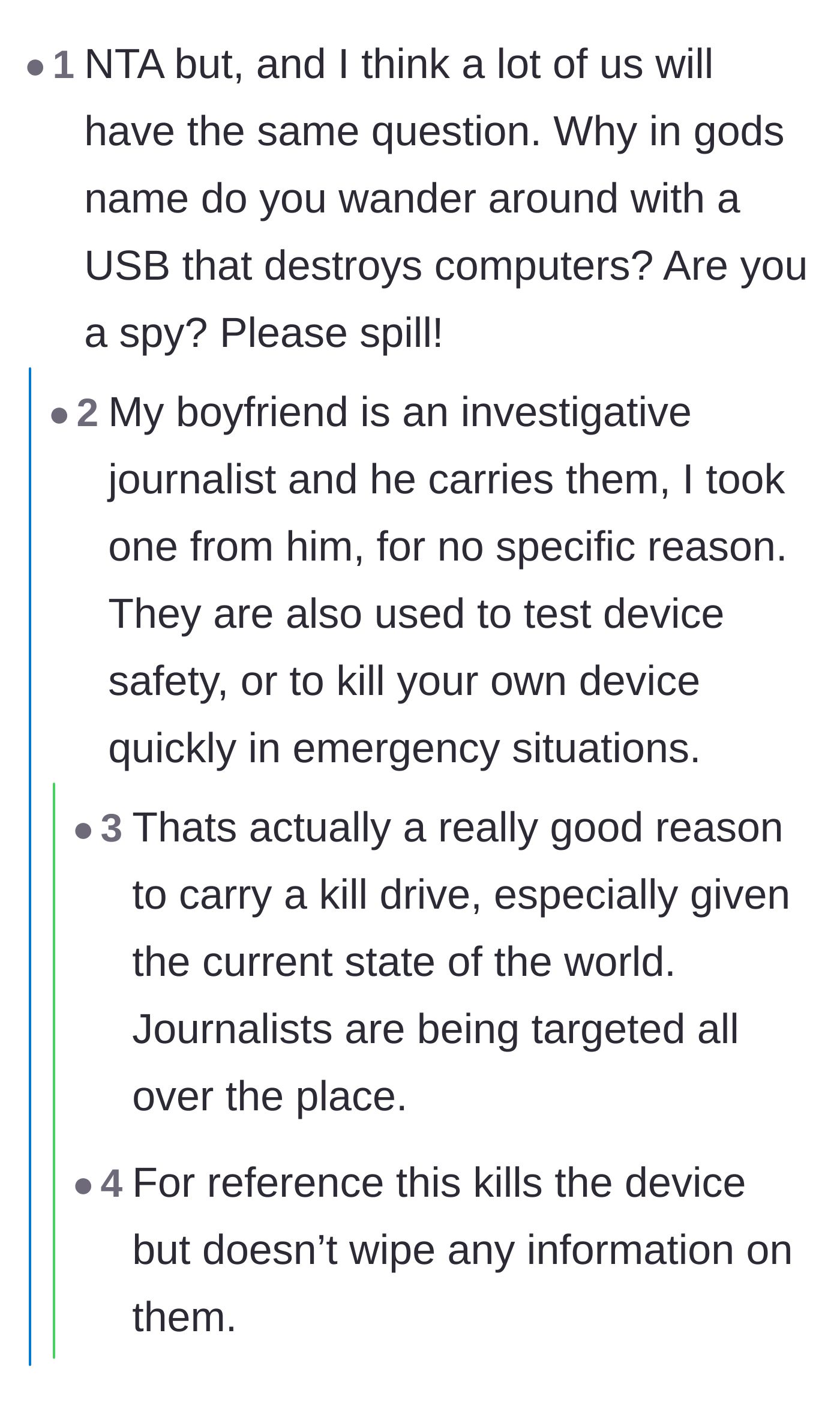 Comment thread 5 - Technical teardown of the main character's claim that her journalist boyfriend uses the drive for data protection.
