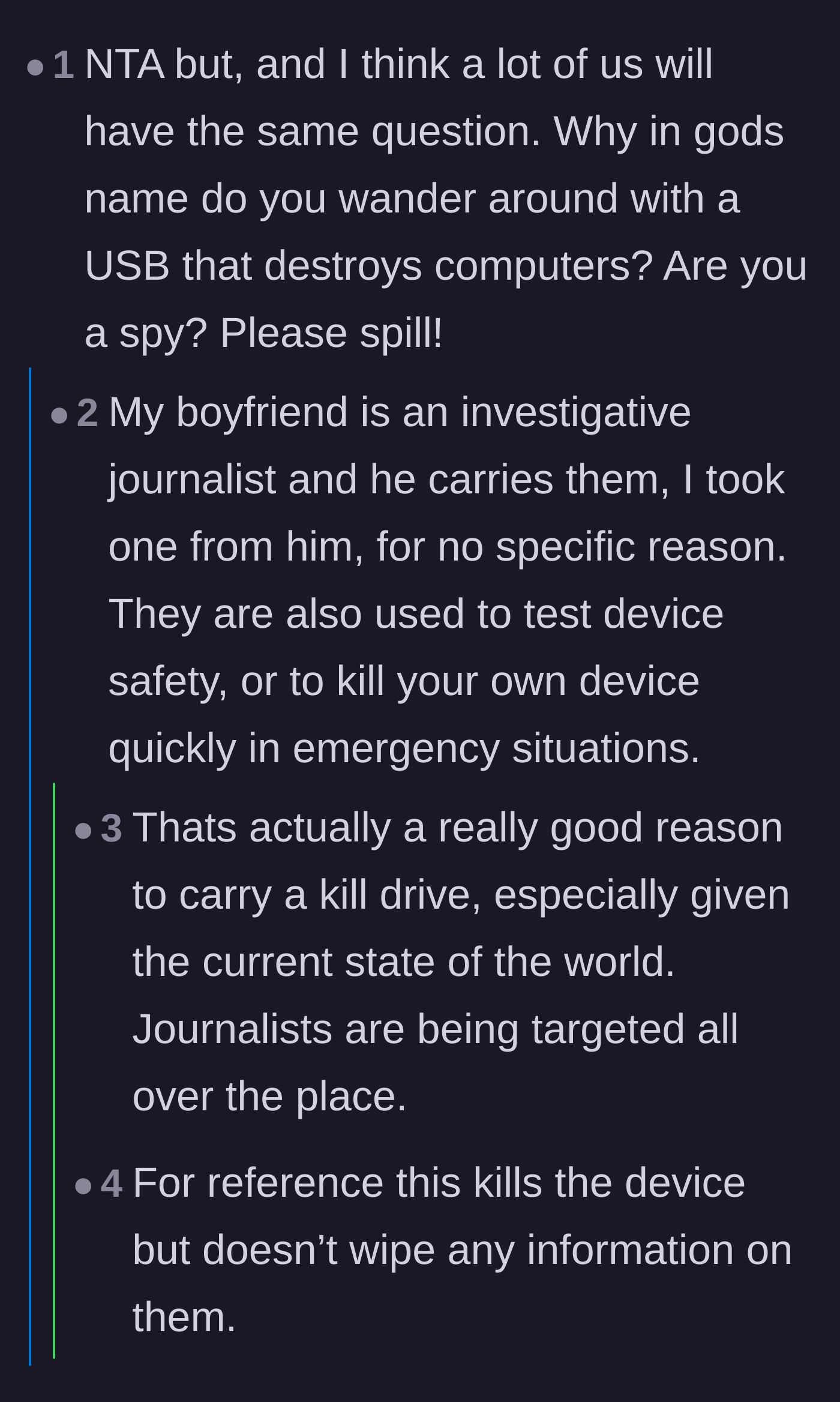 Comment thread 5 - Technical teardown of the main character's claim that her journalist boyfriend uses the drive for data protection.