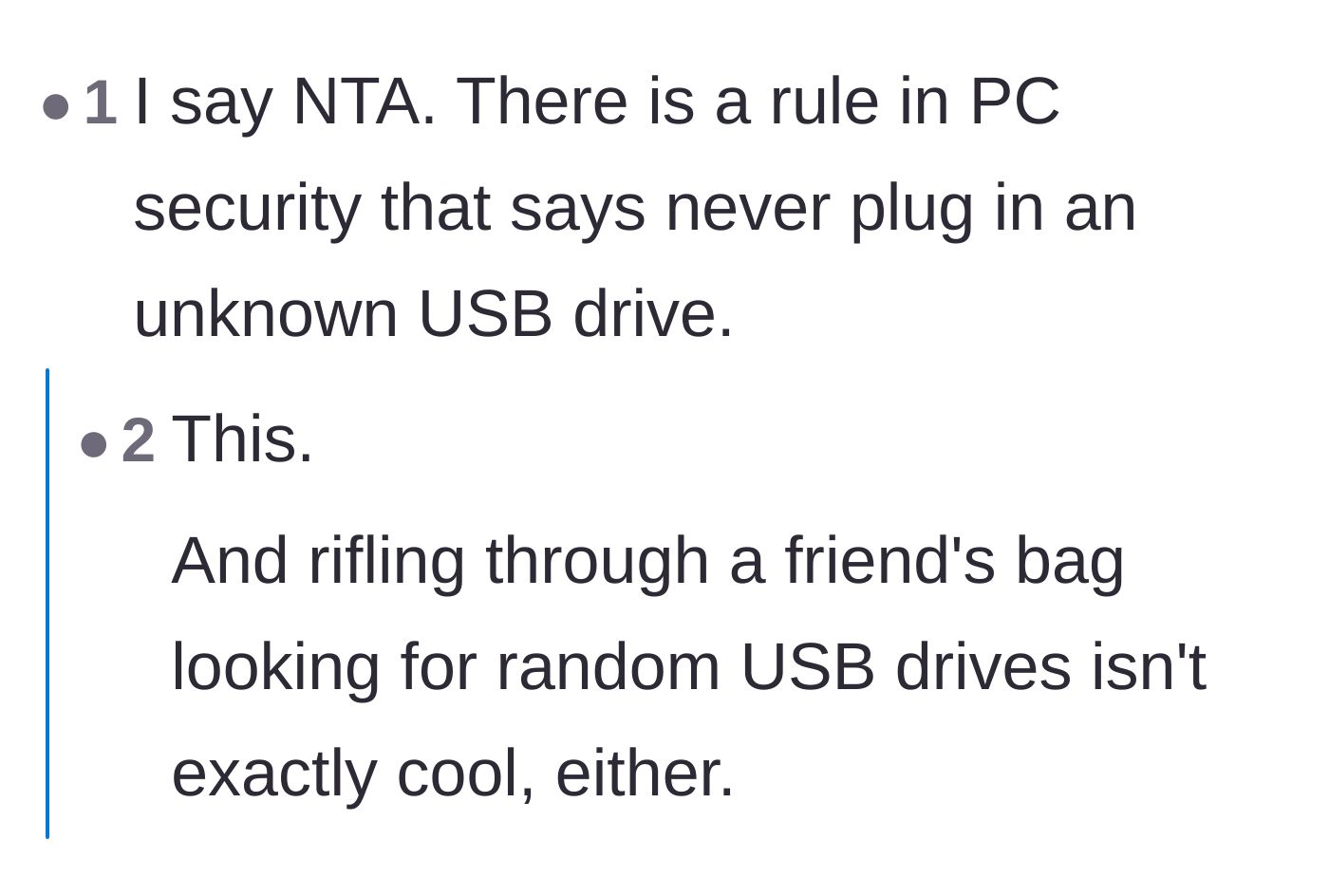 Comment thread 6 - Final verdict on the golden rule of PC security mixed with condemnation of the friend's snooping.